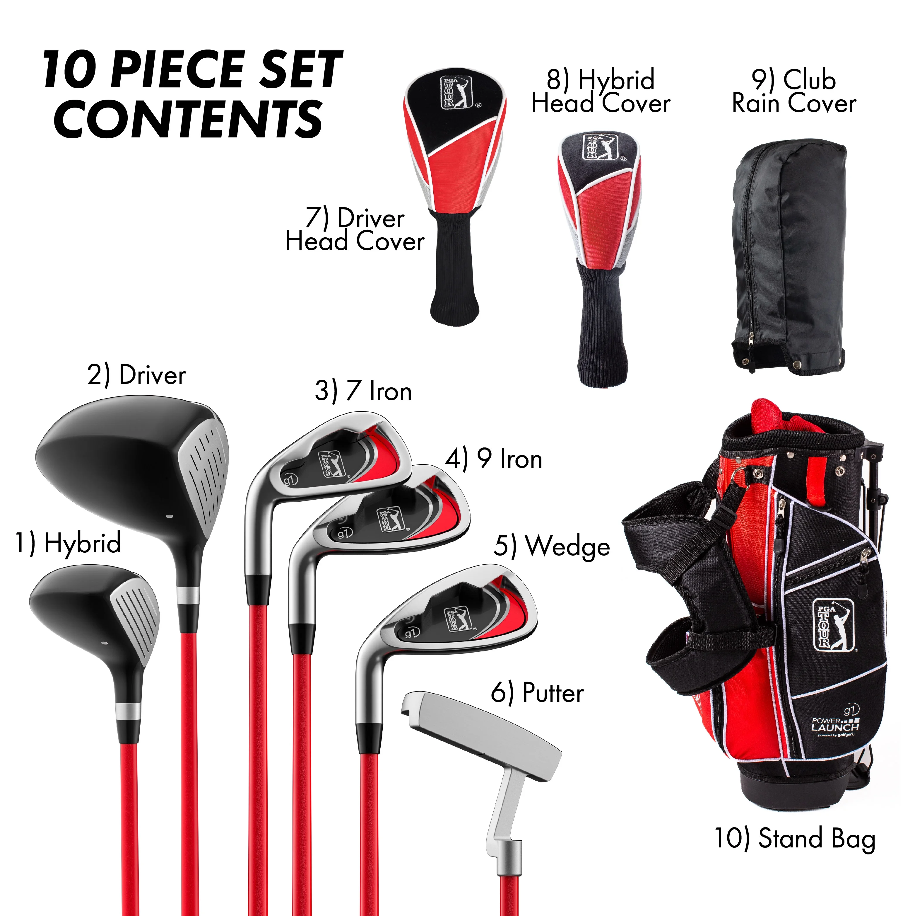 PGA Tour Right-Handed 10 Piece Kids Golf Club Stand Bag Set; Player Height 4'8 - 5'2