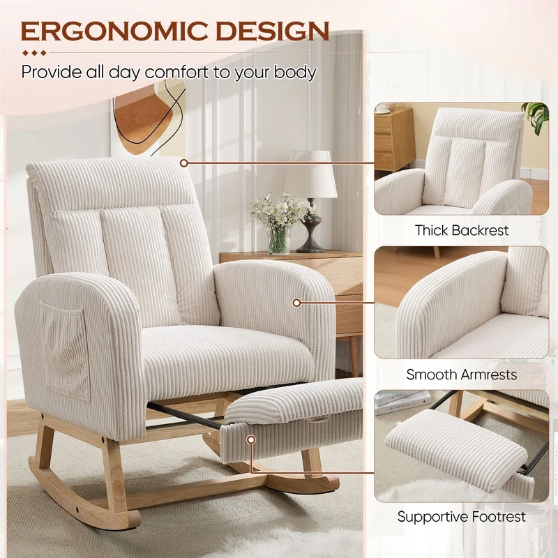 FFH Rocking Chair Nursery, Tufted Accent Rocker Chair, Upholstered Armchair with Adjustable Footrest, Side Pocket, High Backrest, Padded Seat, Polyester Blend (Retro, Dark Gray)