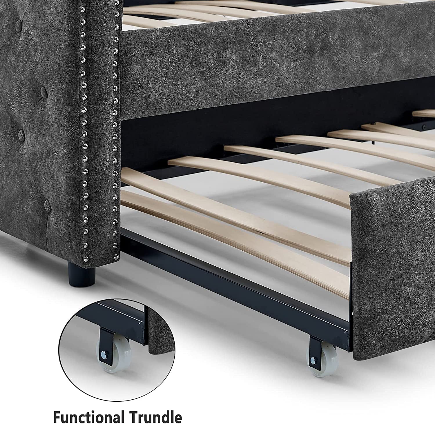 Daybed with Trundle, Muumblus Modren Kids Pull Out Sofa Bed for Bedroom & Living Room, Twin Size, Grey Linen Upholstered