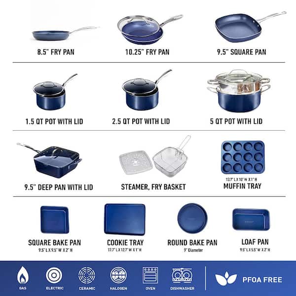 Classic Blue 20-Piece Aluminum Ultra-Durable Non-Stick Diamond Infused Cookware and Bakeware Set