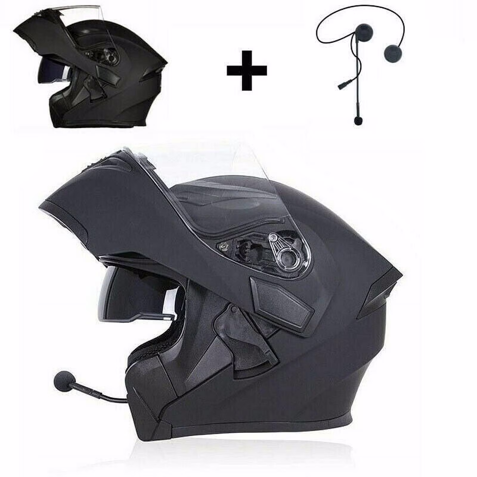 New DOT Helmet Full Face Motorcycle Street Bike Dual Visor Flip up Modular Black XL Size With Wireless Headset Earphone