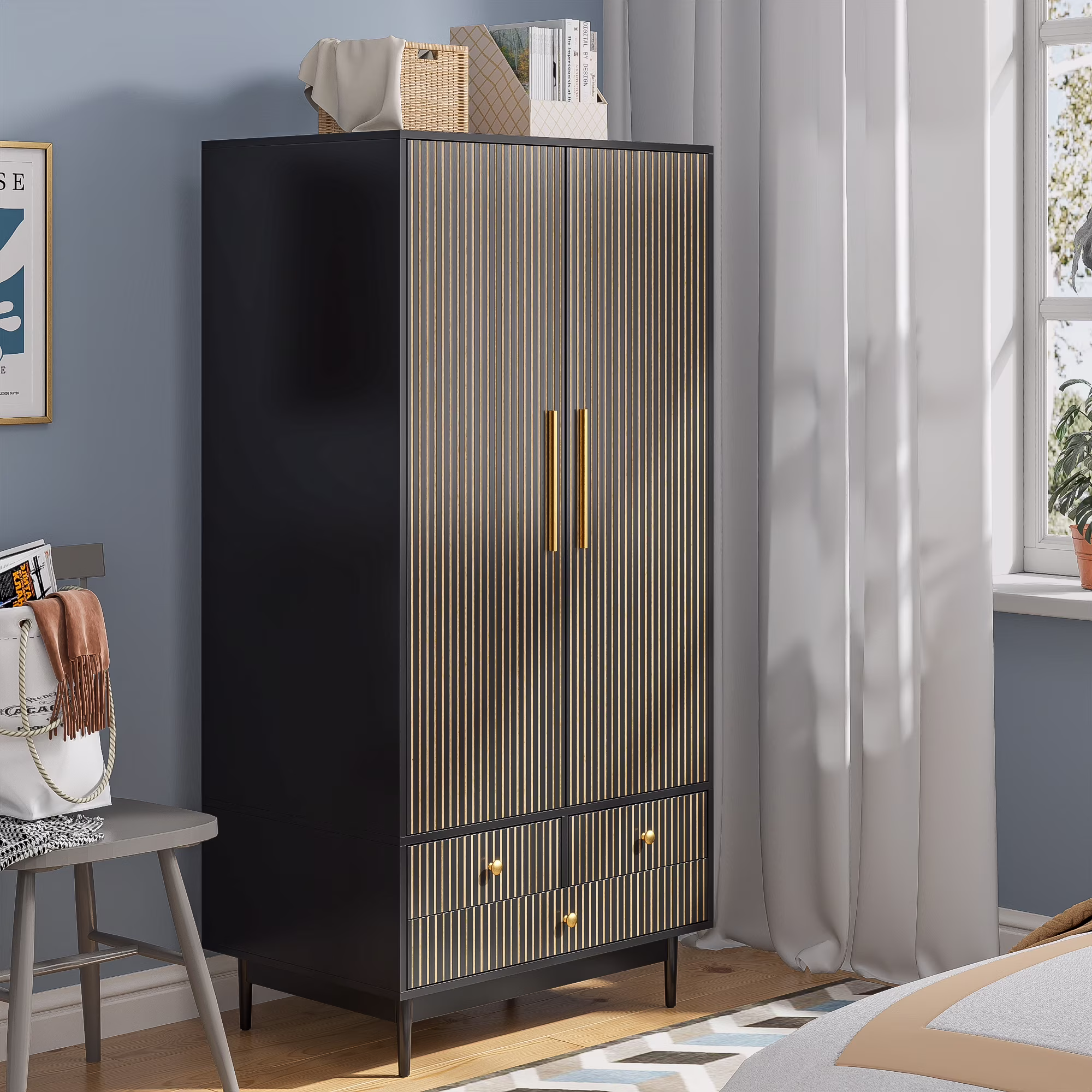 Armoire Wardrobe Closet, Closet Wardrobe Cabinet with Drawers and Hanging Rail for Bedroom, White