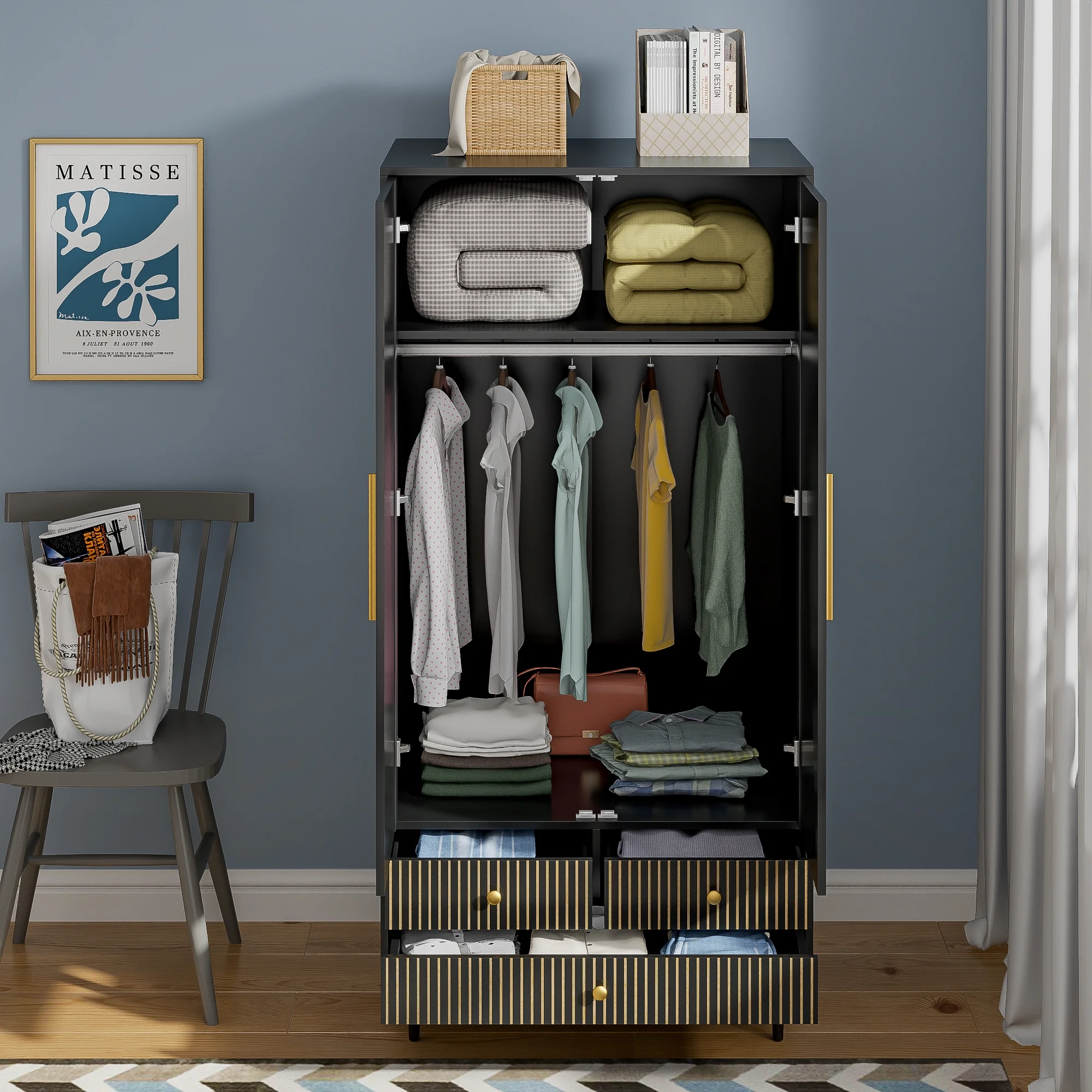 Armoire Wardrobe Closet, Closet Wardrobe Cabinet with Drawers and Hanging Rail for Bedroom, White