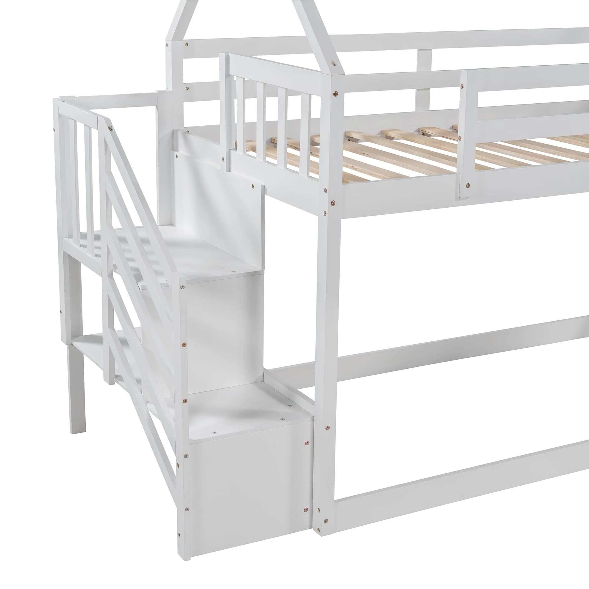 Low Bunk Bed with Slide and Stairs, Wood Twin Over Twin House Bunk Beds for Kids, Floor Bunk Bed with Stairway Easy Assembly (White)