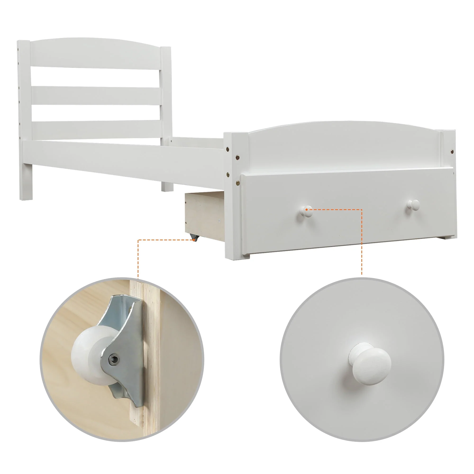 Twin Bed for Kids with Storage Drawer, Upgrade Pine Wood Bed Frame with Headboard and Footboard, Modern Kids Bed Furniture for Bedroom, Holds 275 lb, No Box Spring Needed, White