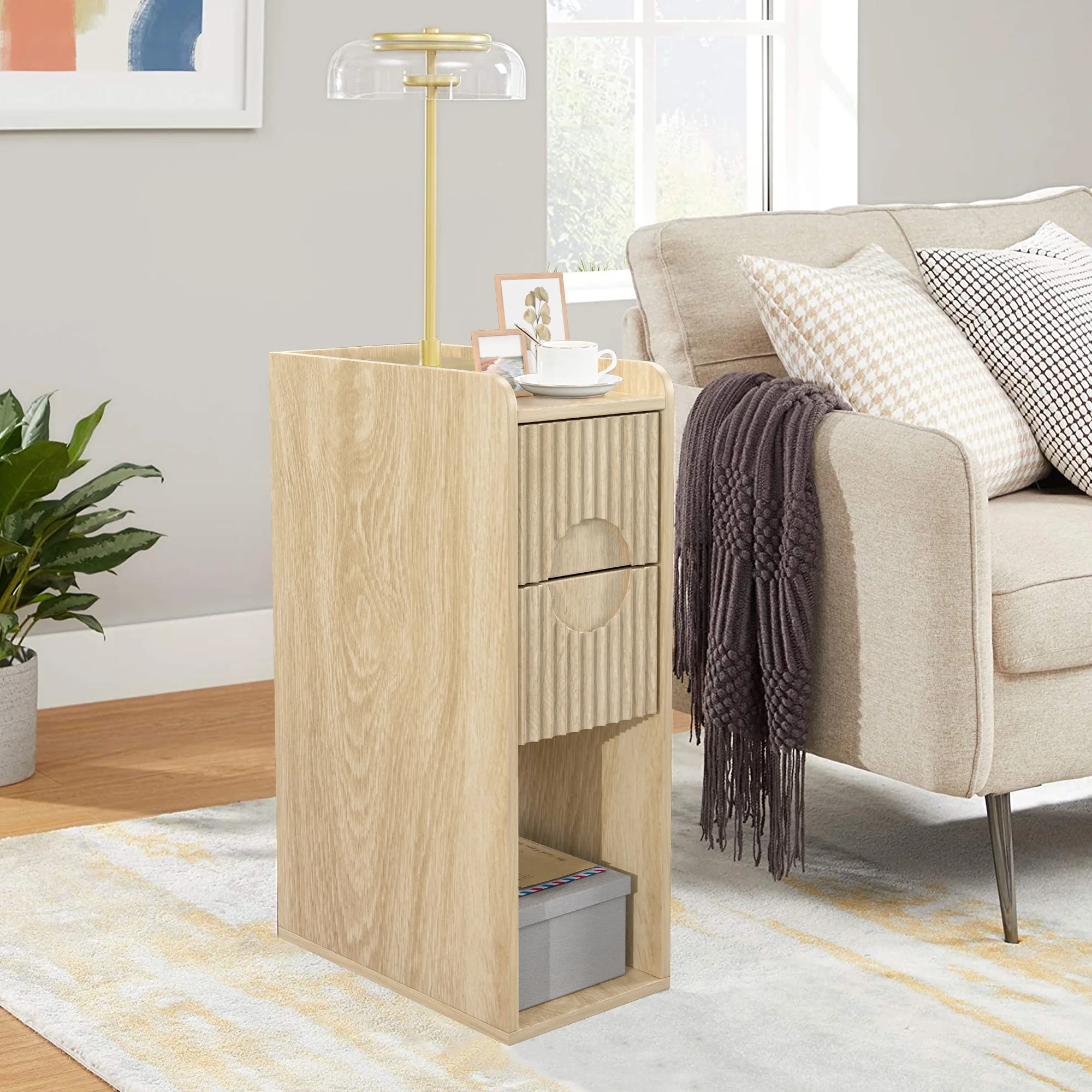 Narrow Nightstand Set of 2 with Drawers, Fluted Slim Side End Table with Storage for Small Spaces