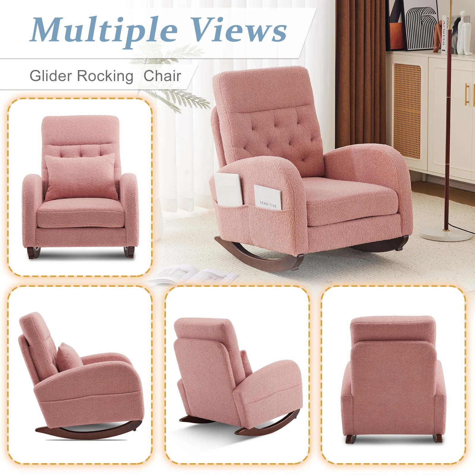 Ktaxon Rocking Accent Chair Glider Reading Chair Comfy Teddy Velvet Upholstered Single Sofa Rocker for Living Room, Nursery, Bedroom Beige