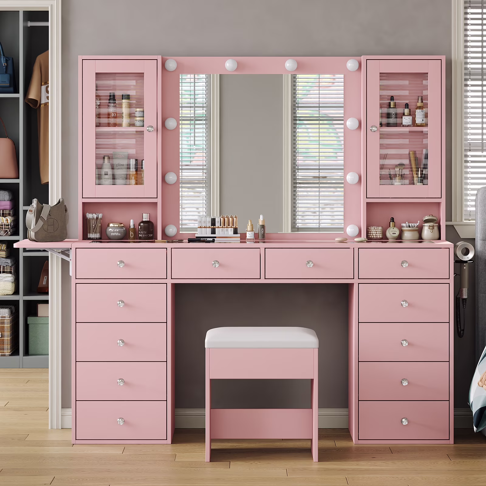 Vanity With Power Outlet, Vanity Desk With Mirror And 10 LED Lights, Makeup Vanity With 12 Drawers And 2 Cabinets, Fold-Up Panel, Glass Top Vanity Table With Chair For Bedroom