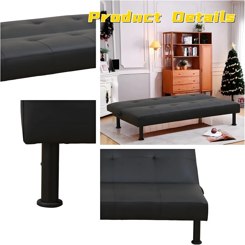 Couches for Living Room Upholstered Convertible Folding Futon Sofa Bed Modern Small Faux Leather Sleeper Sofa Love Seat for Bedroom, Apartment, Black