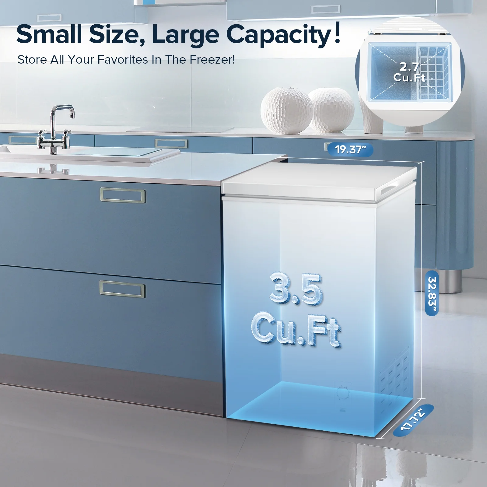 LHRIVER Mini Freezer Chest 3.5 cu ft, Deep Freezer & Side Handle, Compact Freezer with 7 Gear Adjustable Temperature, Removable Storage Basket, Black