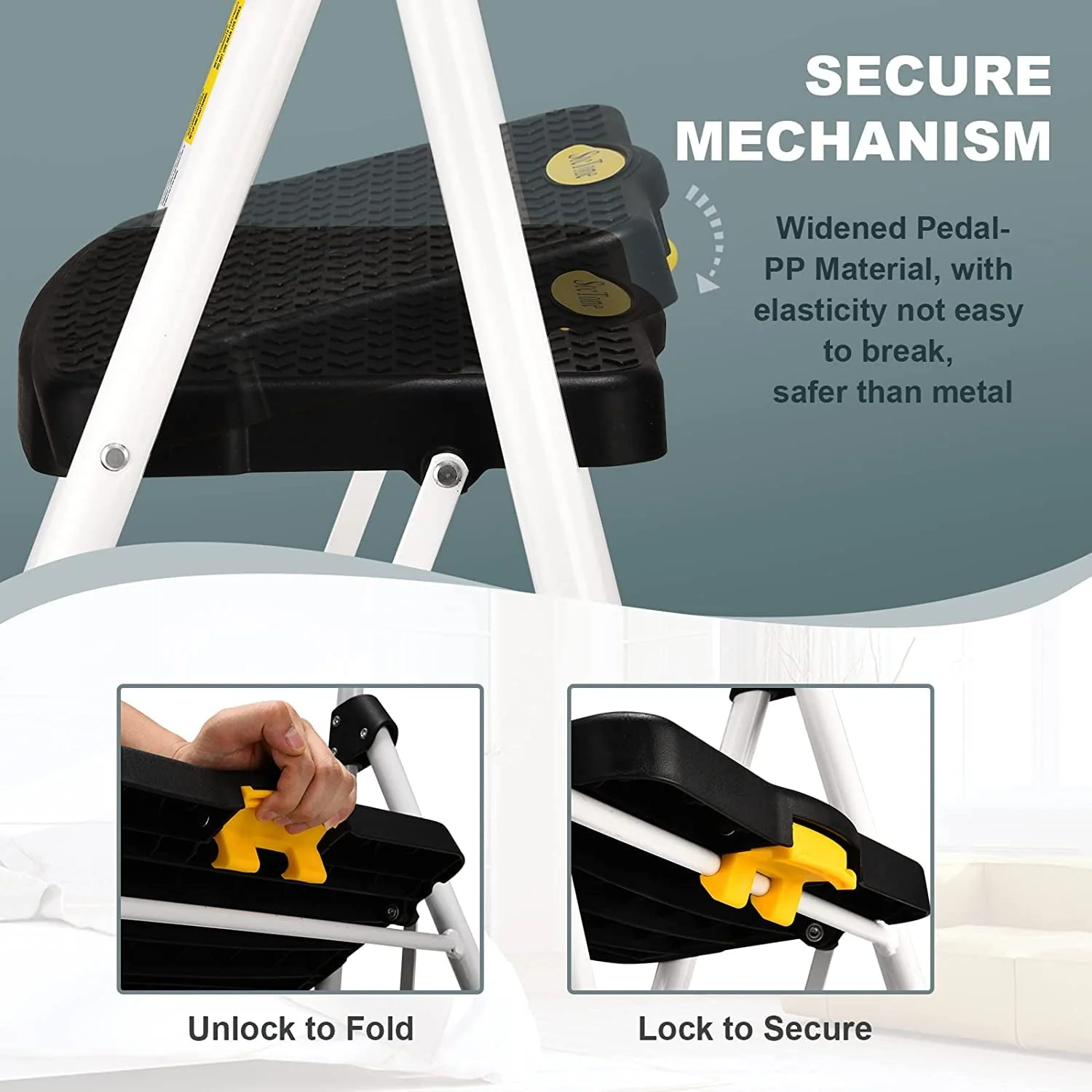 HBTower Folding 5-Step Ladder, 330lbs, with Handrails and Tool Tray and Anti-Slip Pedal, White