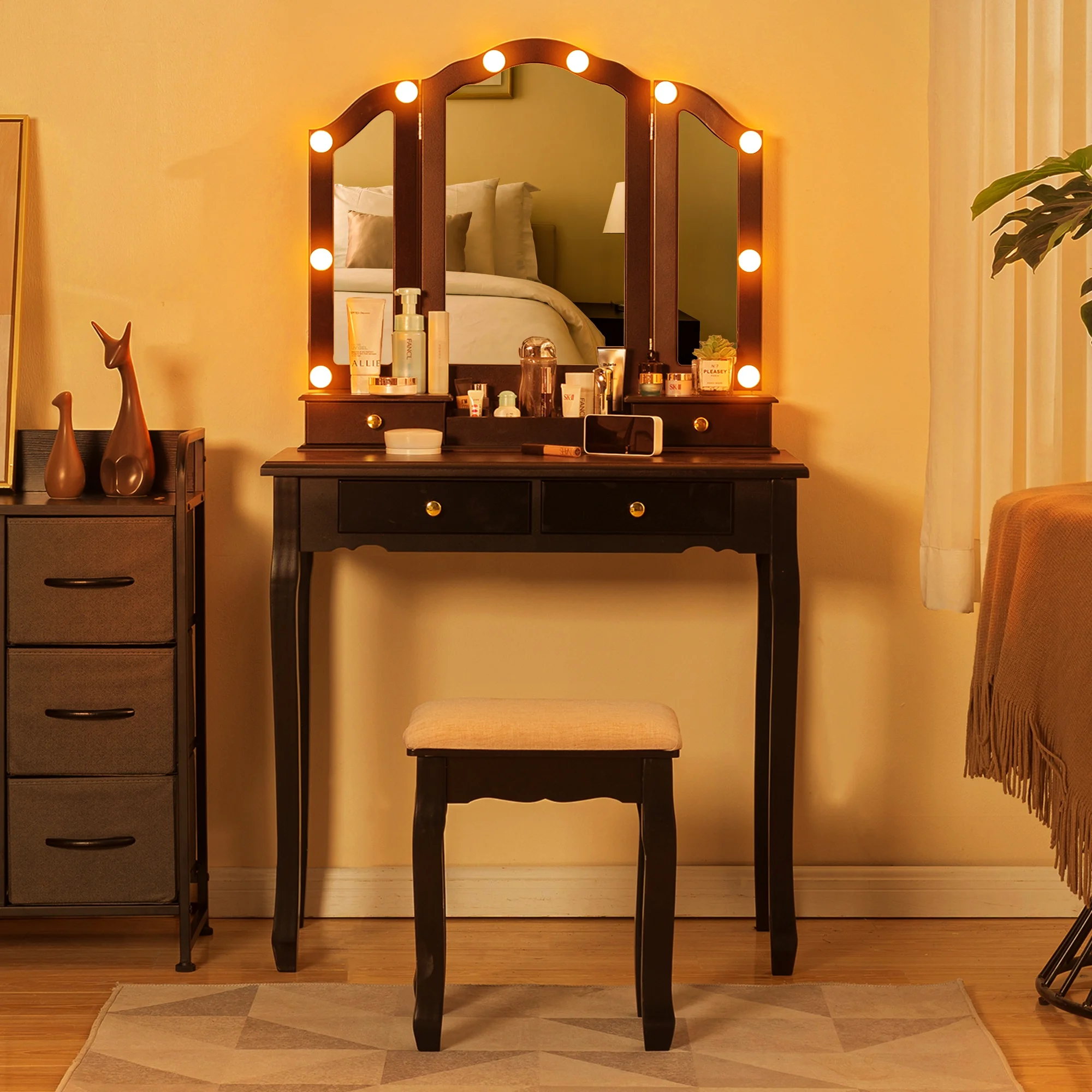 LilyFantasy Makeup Vanity with Lights, Vanity Desk with Cushioned Stool, Tri-fold Vanity Table Set with 4 Drawers, 3 Adjustable Light Modes, 2 Brush Slots, 2 Open Compartments for Girls, Women, White