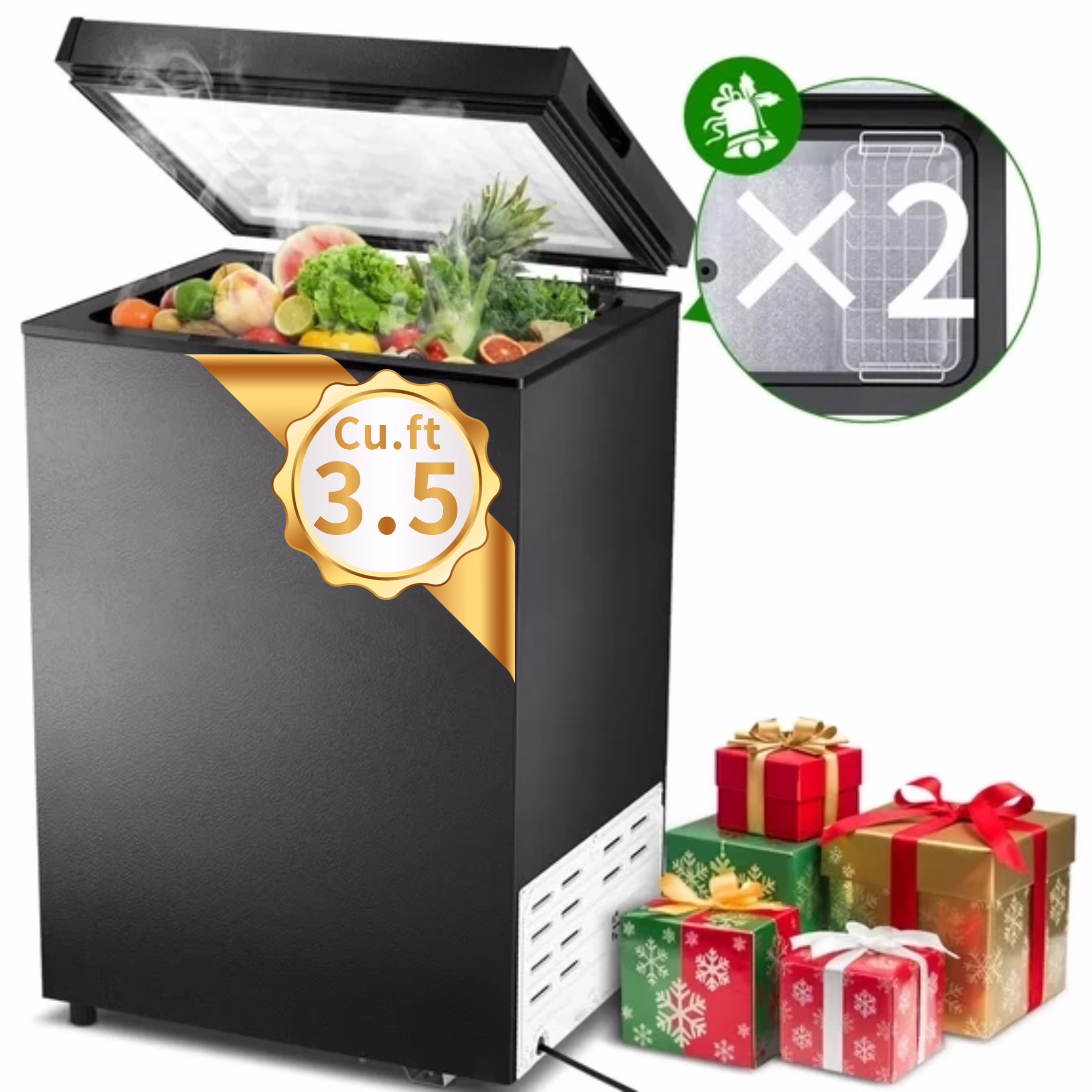 LHRIVER Mini Freezer Chest 3.5 cu ft, Deep Freezer & Side Handle, Compact Freezer with 7 Gear Adjustable Temperature, Removable Storage Basket, Black