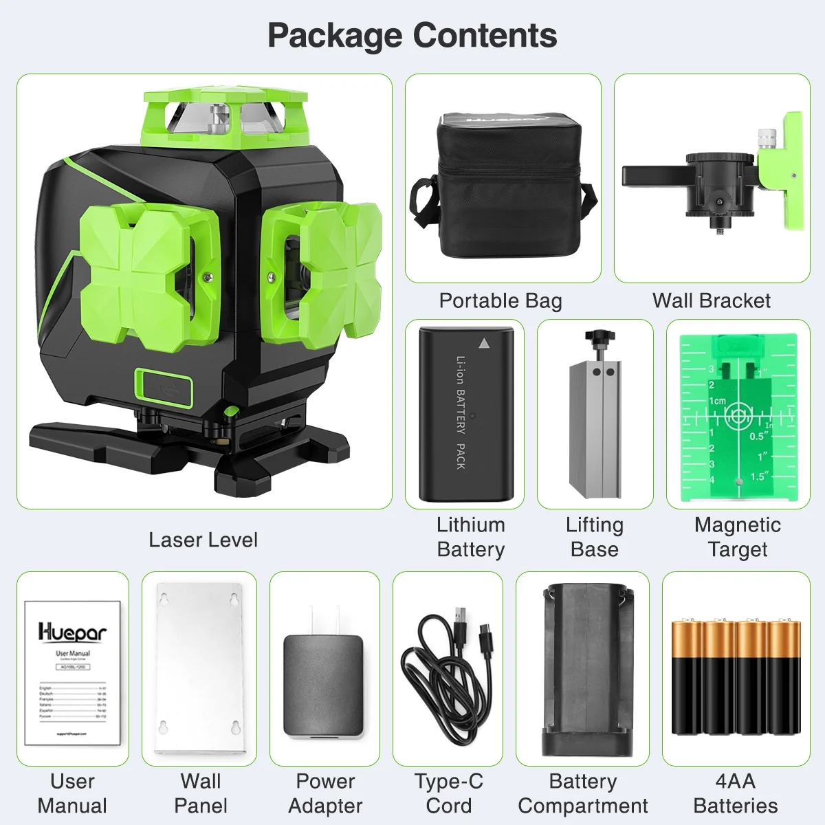 Huepar 3 x 360 Degree Cross Line Laser Level 3D Self-leveling Tiling Floor Green Beam Laser Leveler Tools with Li-ion Battery & Pivoting Base S03DG-L