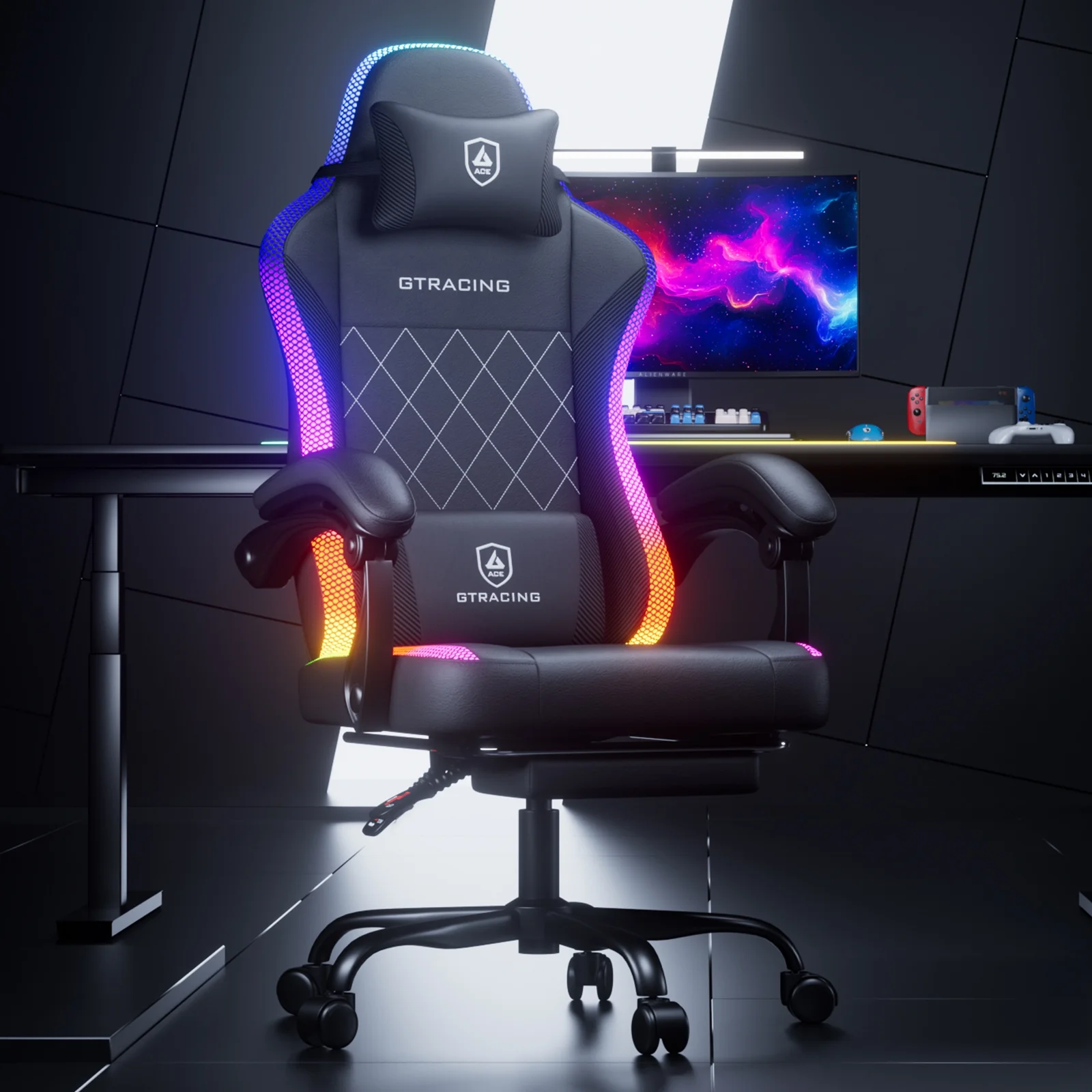 GTRACING RGB Ergonomic Gaming Chair with Massage, LED Lights, Footrest, Lumbar Support and Backrest, Black