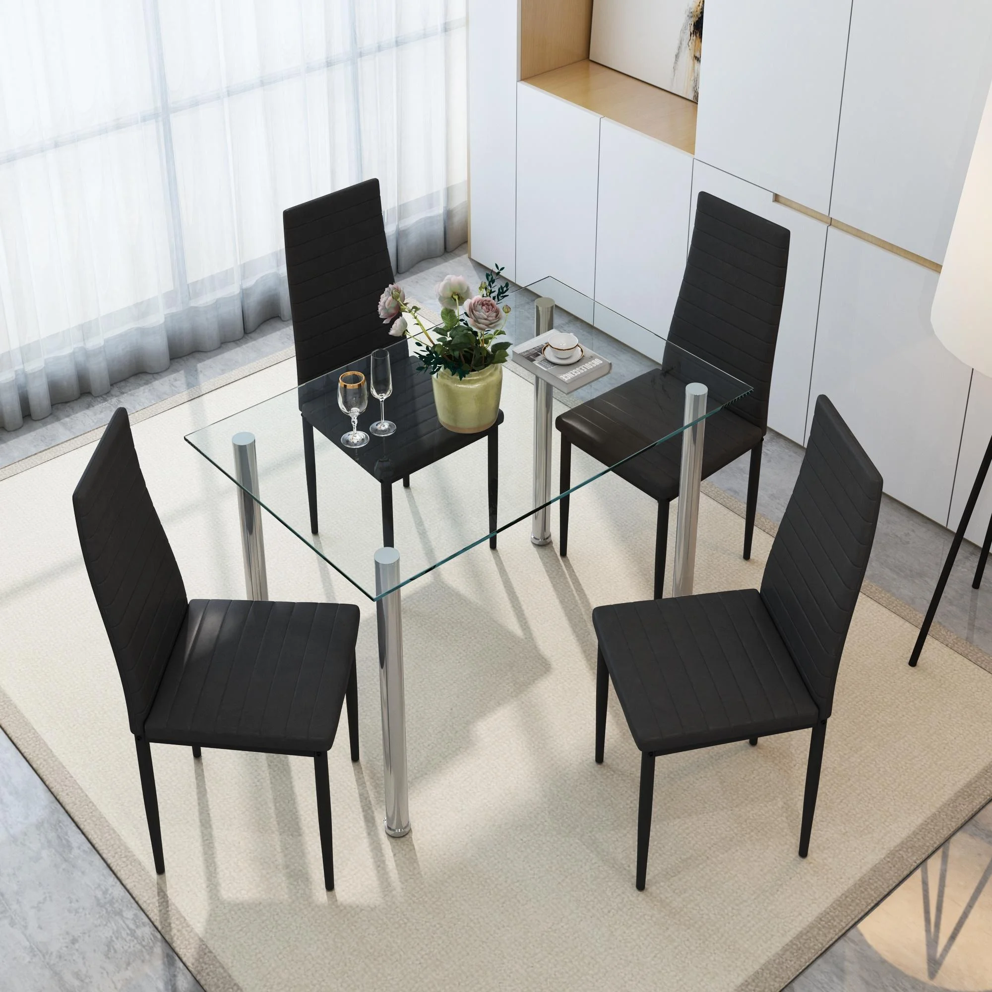 uhomepro White Kitchen Table Set, 5 Pieces Dining Table Set, Tempered Glass Dining Table and Chairs Set for 4, Upgraded Iron Dining Room Table Set with 4 PU Leather Chairs