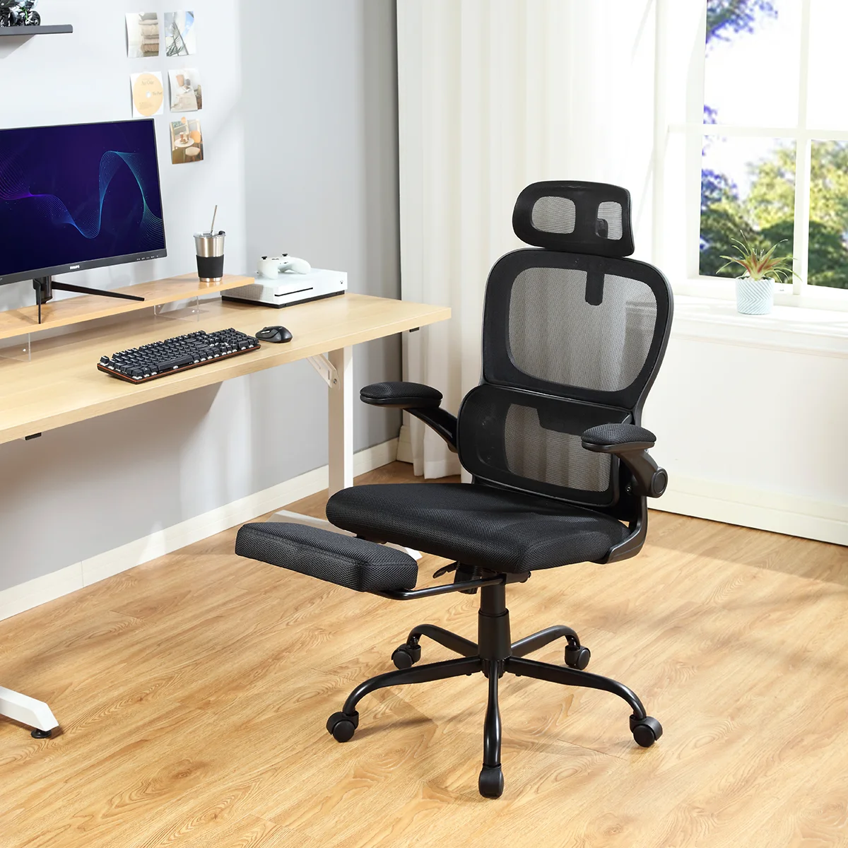 Mainstays Ergonomic Height Adjustable Mesh Office Chair for Teens and Adults with Lumbar Support and Tilt Function, with Leg Rest, Black