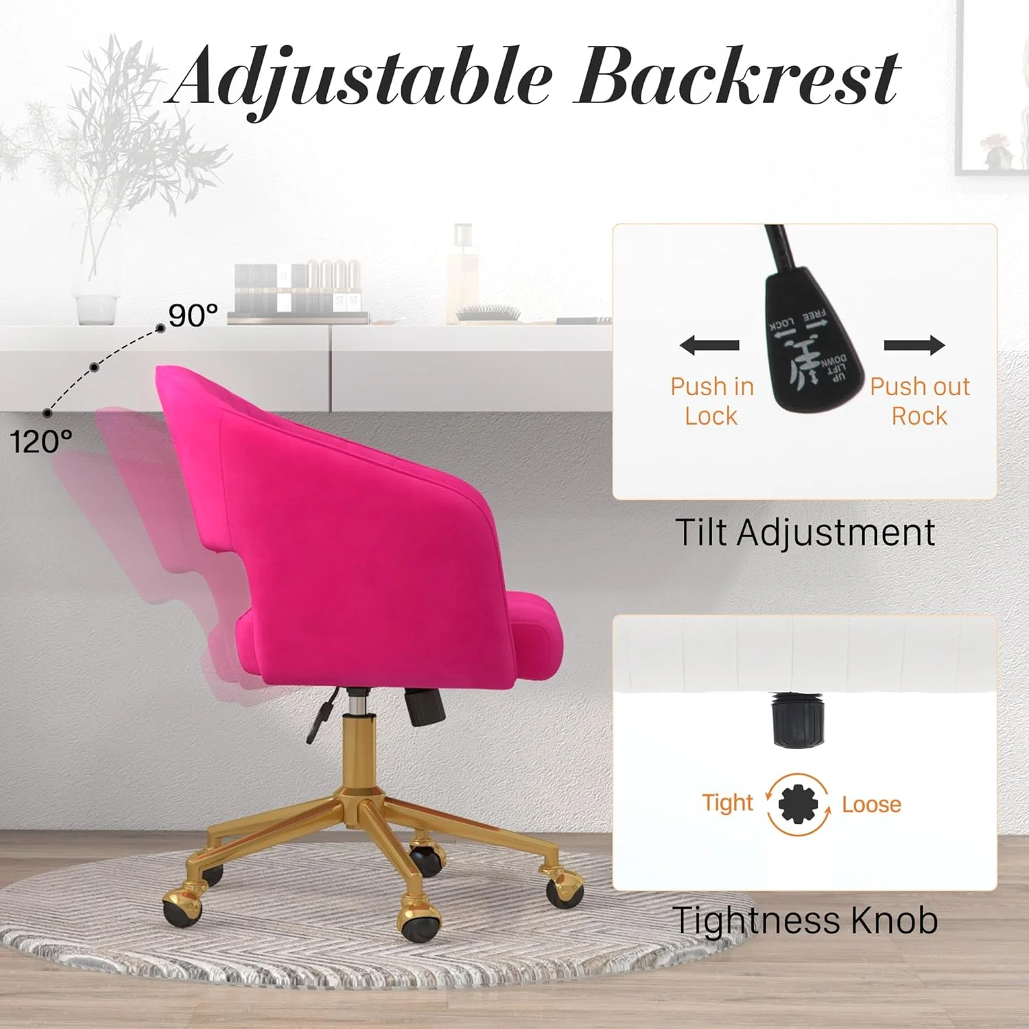 Home Office Swivel Desk Chair, Modern Velvet Vanity Chair, Height Adjustable Armchair with Gold Base, Ergonomic Office Chair for Task Study Computer Room, Beige