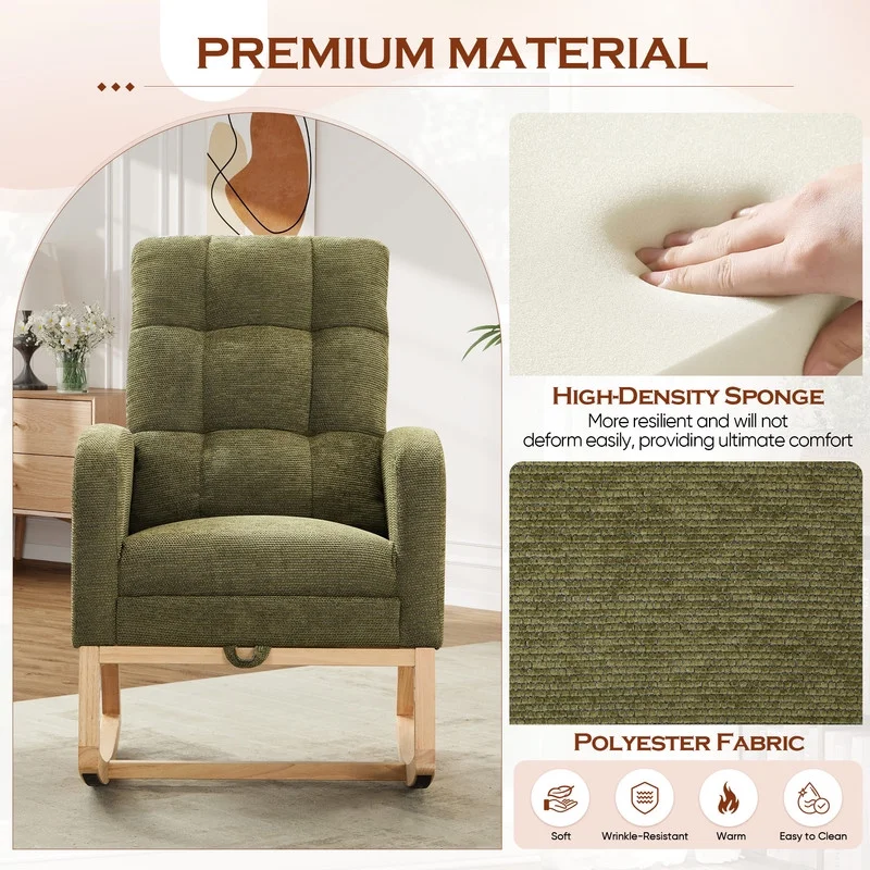 FFH Rocking Chair Nursery, Tufted Accent Rocker Chair, Upholstered Armchair with Adjustable Footrest, Side Pocket, High Backrest, Padded Seat, Polyester Blend (Retro, Dark Gray)