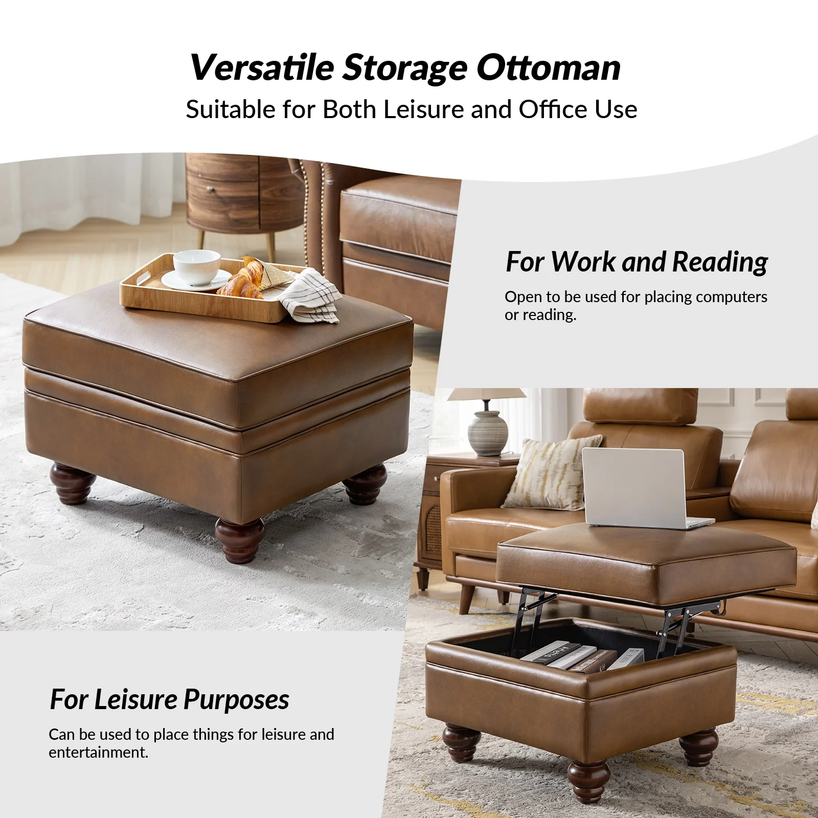 36'' Wide Blue Round Large Ottoman Tufted Coffee Table with Storage Wood Legs Home Living Room