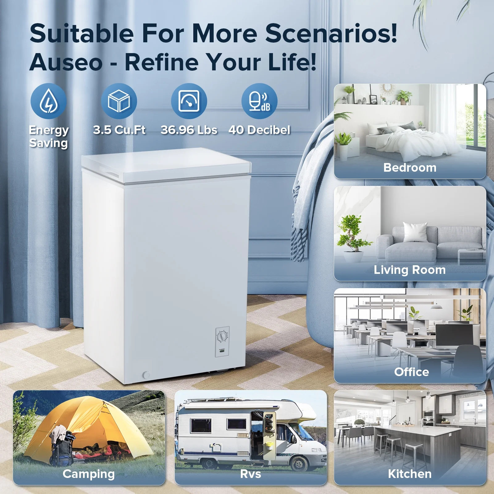 LHRIVER Mini Freezer Chest 3.5 cu ft, Deep Freezer & Side Handle, Compact Freezer with 7 Gear Adjustable Temperature, Removable Storage Basket, Black