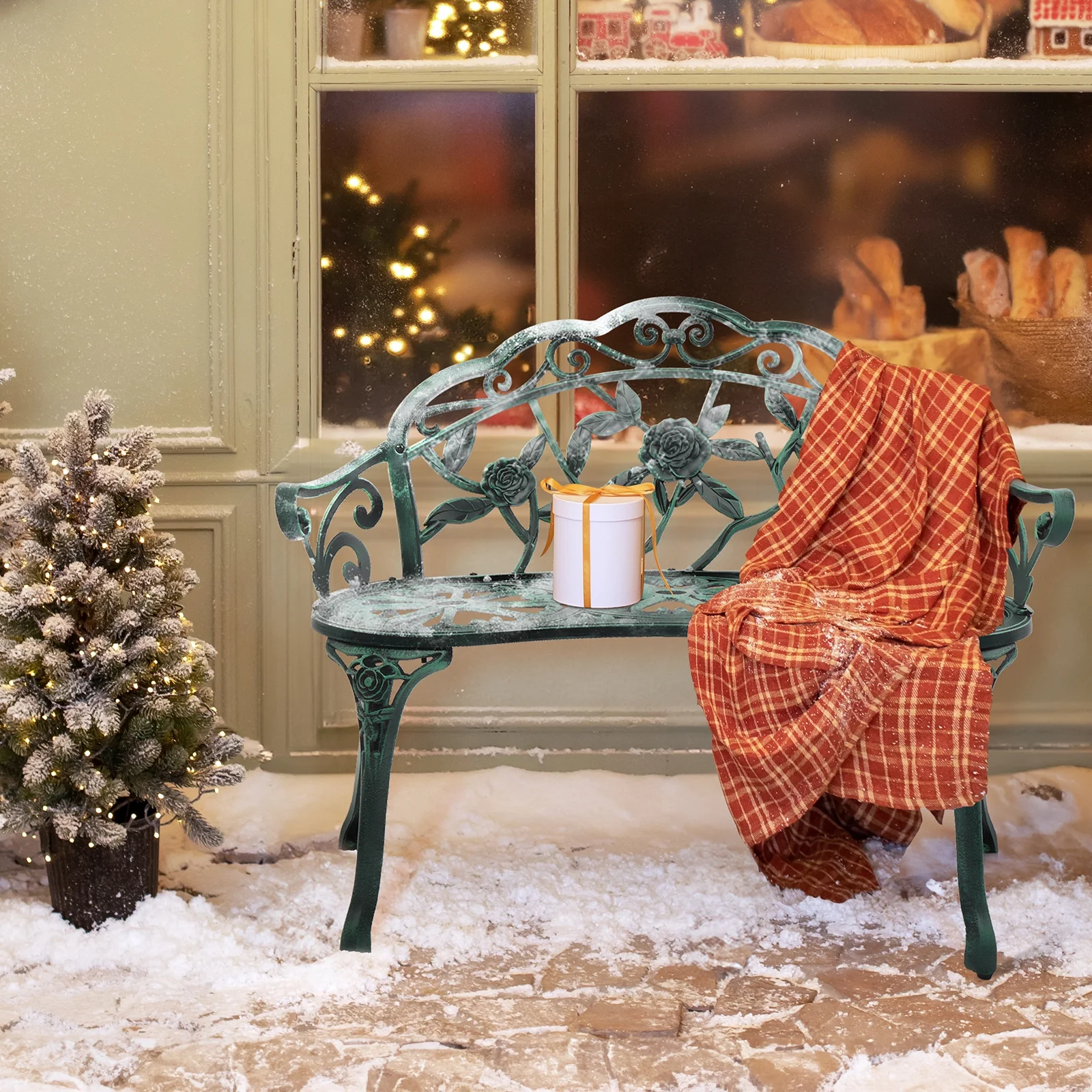 Ktaxon Outdoor Patio Park Garden Bench Courtyard Leisure Rose Cast Aluminum, Outdoor Loveset, Bronze