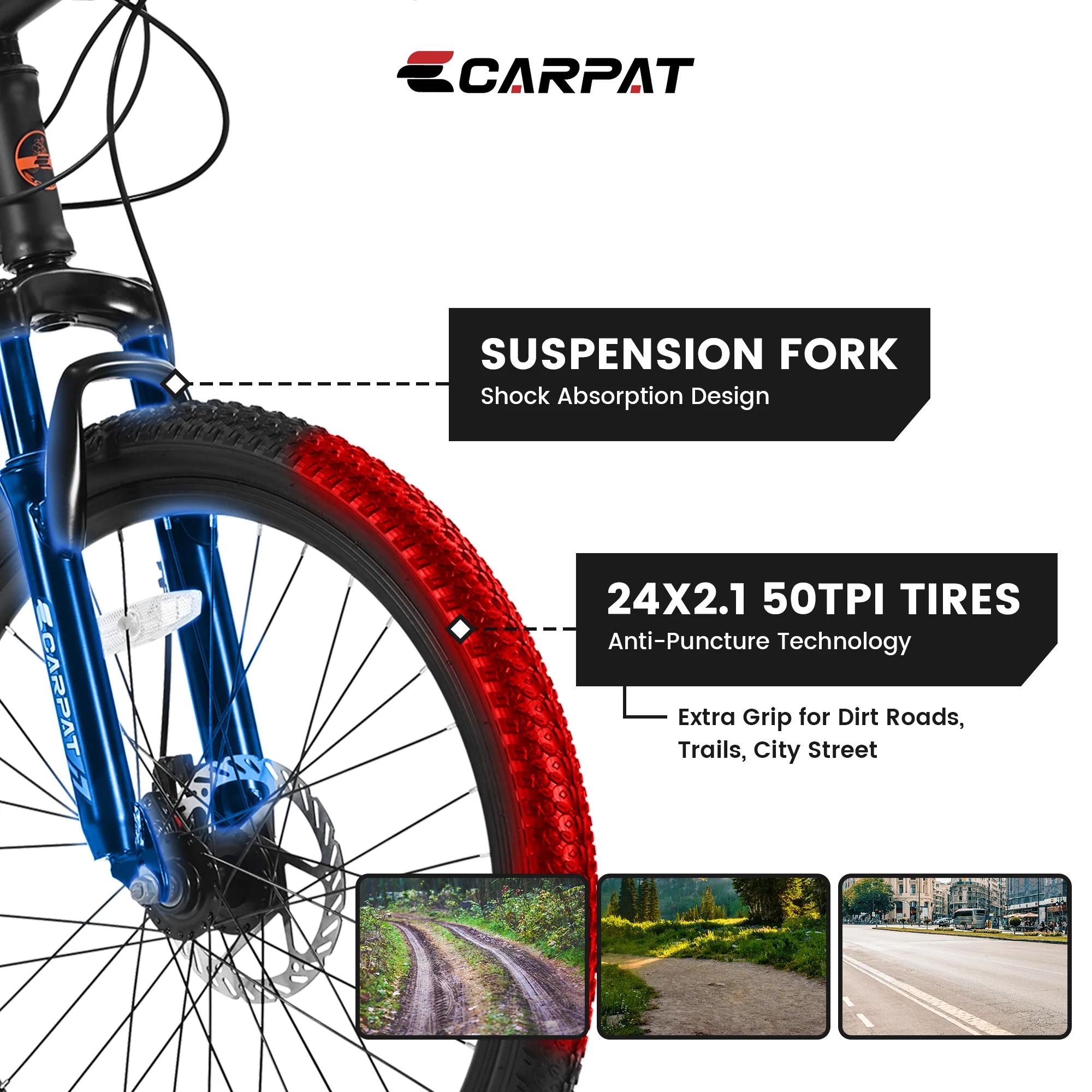 Ecarpat Mountain Bike, 24-Inch Wheels Bikes Shimano 21-Speed with High Carbon Steel Frame Mechanical Disc Brakes Front Suspension Fork for Youth Adults Multiple Colors