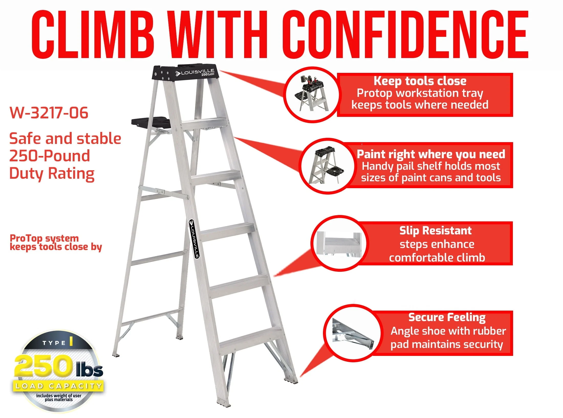 Louisville Ladder 6' Aluminum Step Ladder, 10' Reach, 250 lbs Load Capacity, W-2112-06S