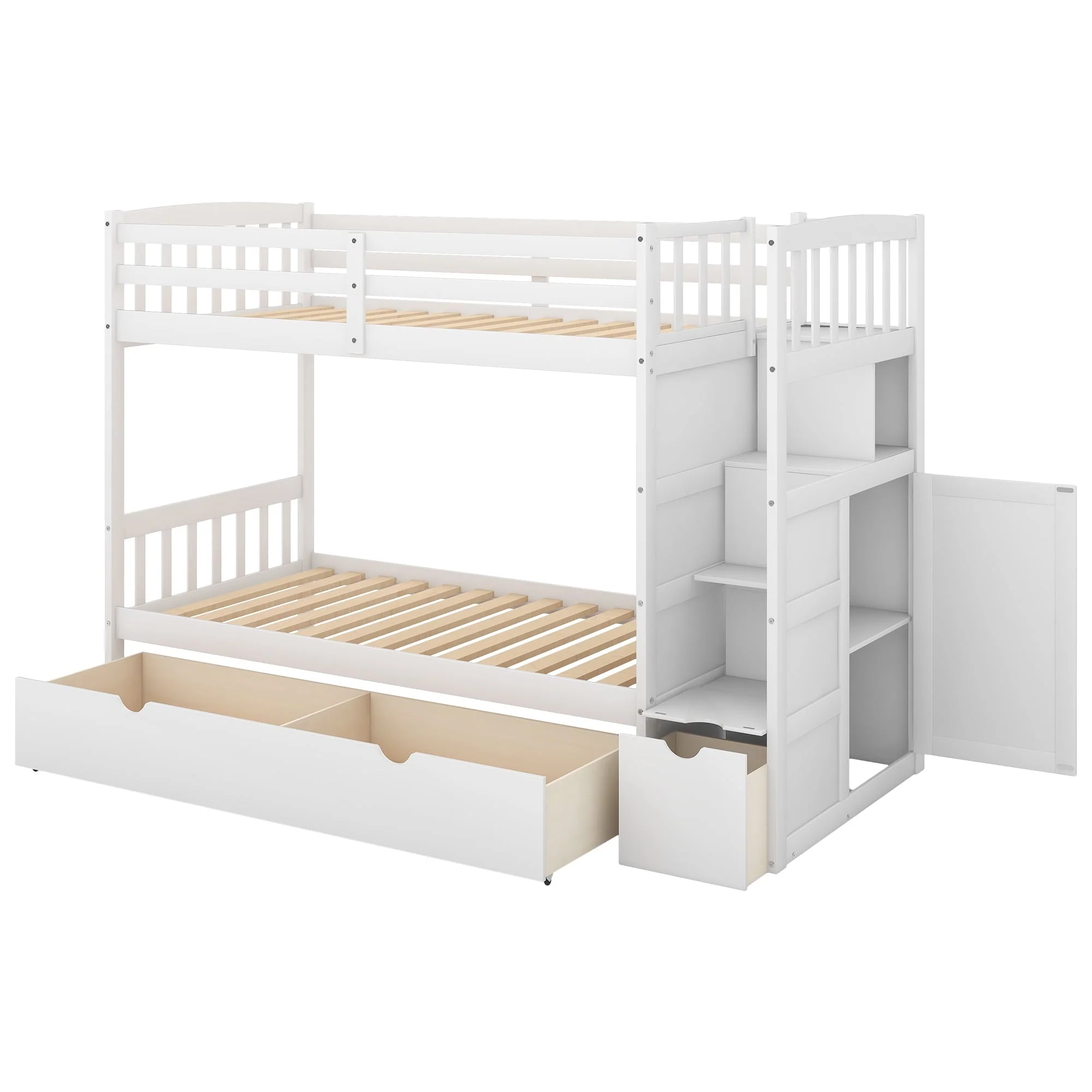 Euroco Twin over Twin Bunk Bed with Drawer and Cabinet for Kids Bedroom, White
