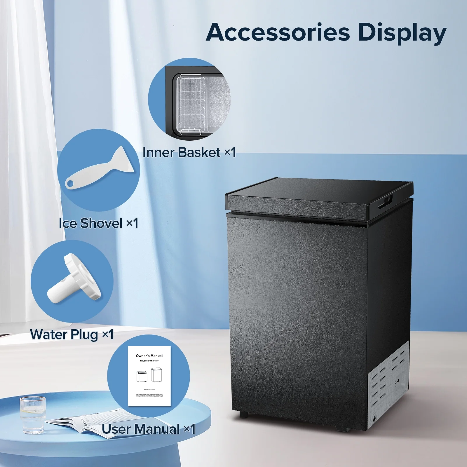 LHRIVER Mini Freezer Chest 3.5 cu ft, Deep Freezer & Side Handle, Compact Freezer with 7 Gear Adjustable Temperature, Removable Storage Basket, Black