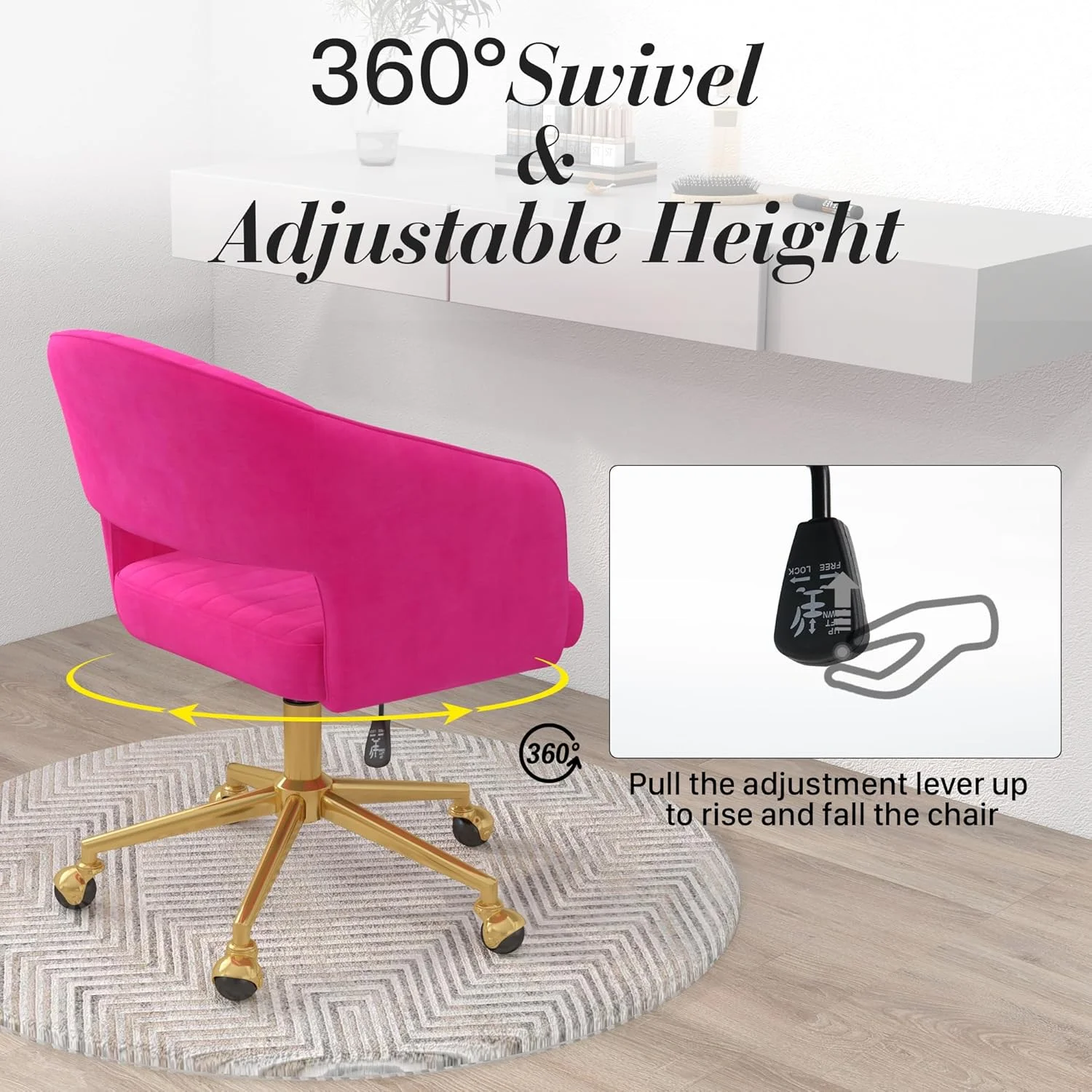 Home Office Swivel Desk Chair, Modern Velvet Vanity Chair, Height Adjustable Armchair with Gold Base, Ergonomic Office Chair for Task Study Computer Room, Beige