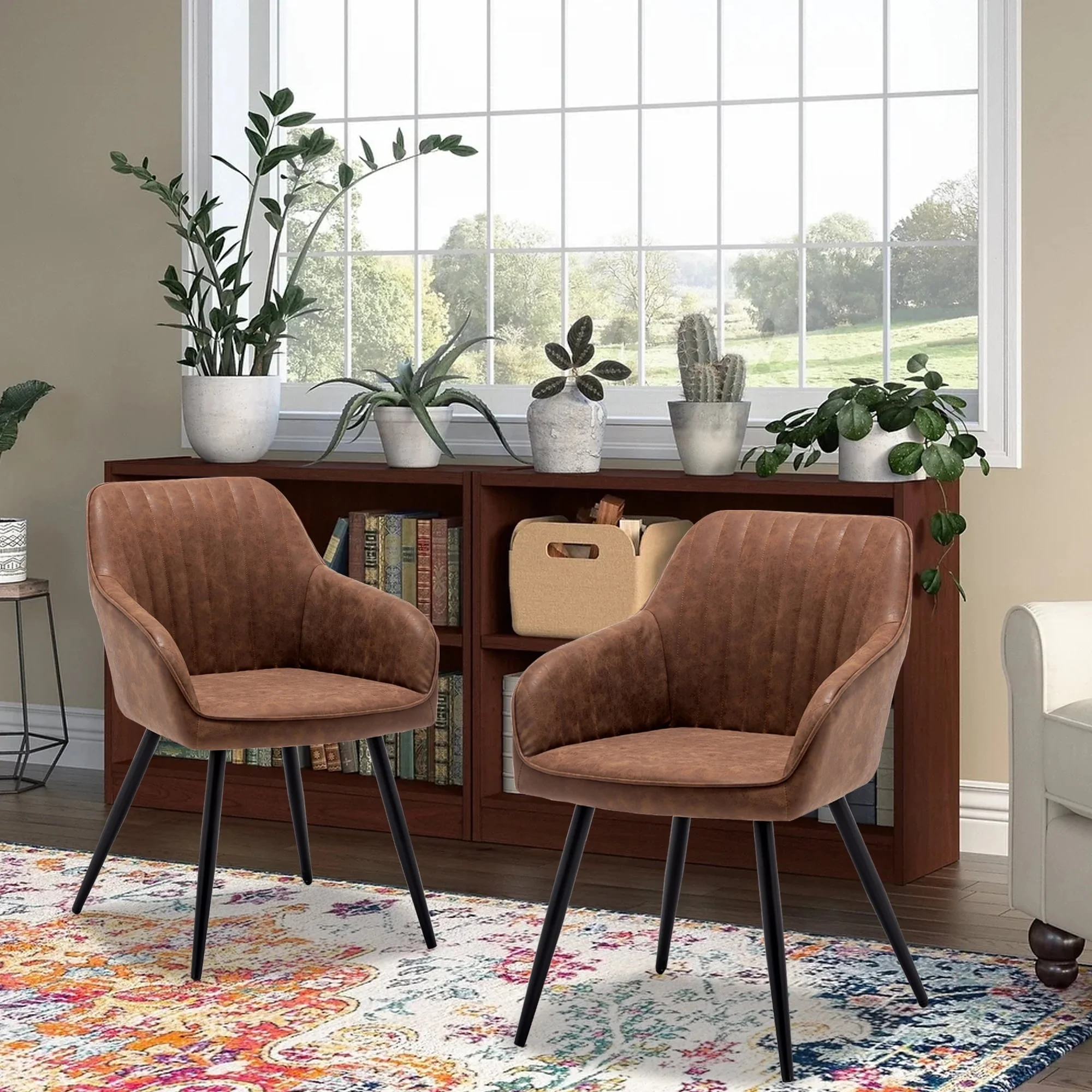 Andeworld Faux Leather Accent Chairs Set of 2, Living Dining Room Arm Chairs with Metal Legs for Home Kitchen Office Bistro Cafe(Brown)