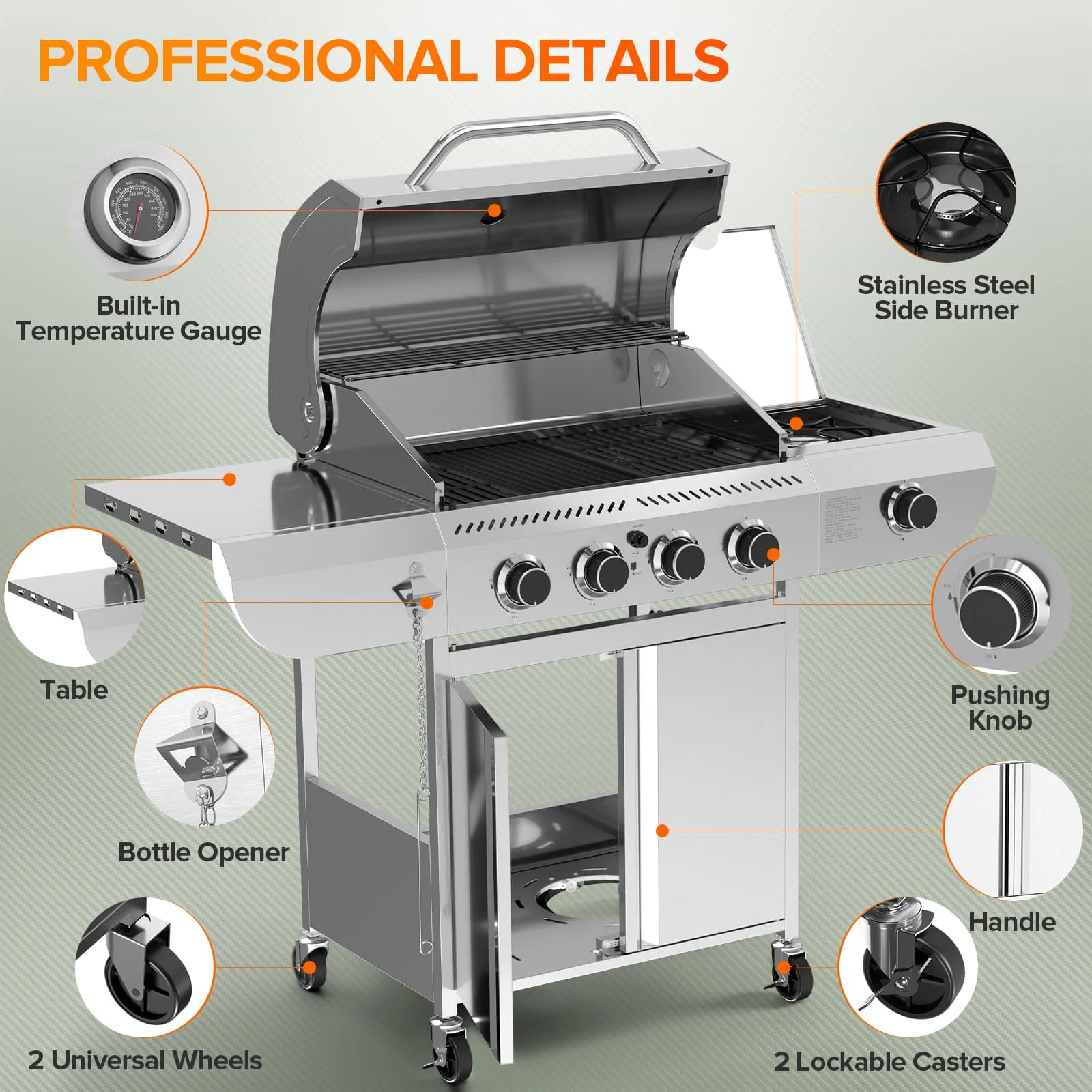 LHRIVER Stainless Steel 4 Burner Propane Gas Grill with Side Burner, Portable Outdoor Barbecue Grill, 45,000 BTU