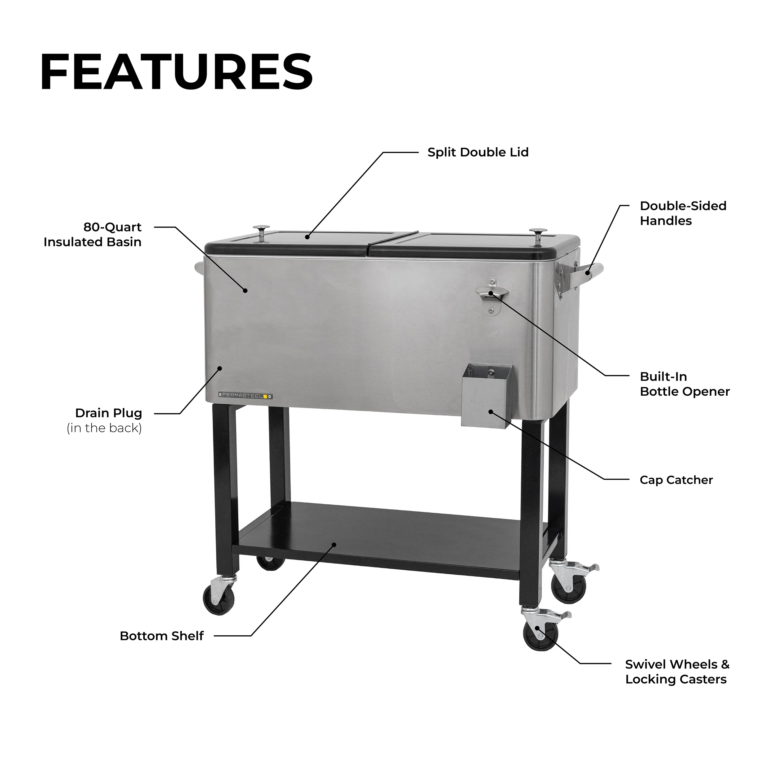 Permasteel 80-Qt Outdoor Steel Patio Cooler with Removable Basin, Rolling Cooler with Wheels, Teal Green