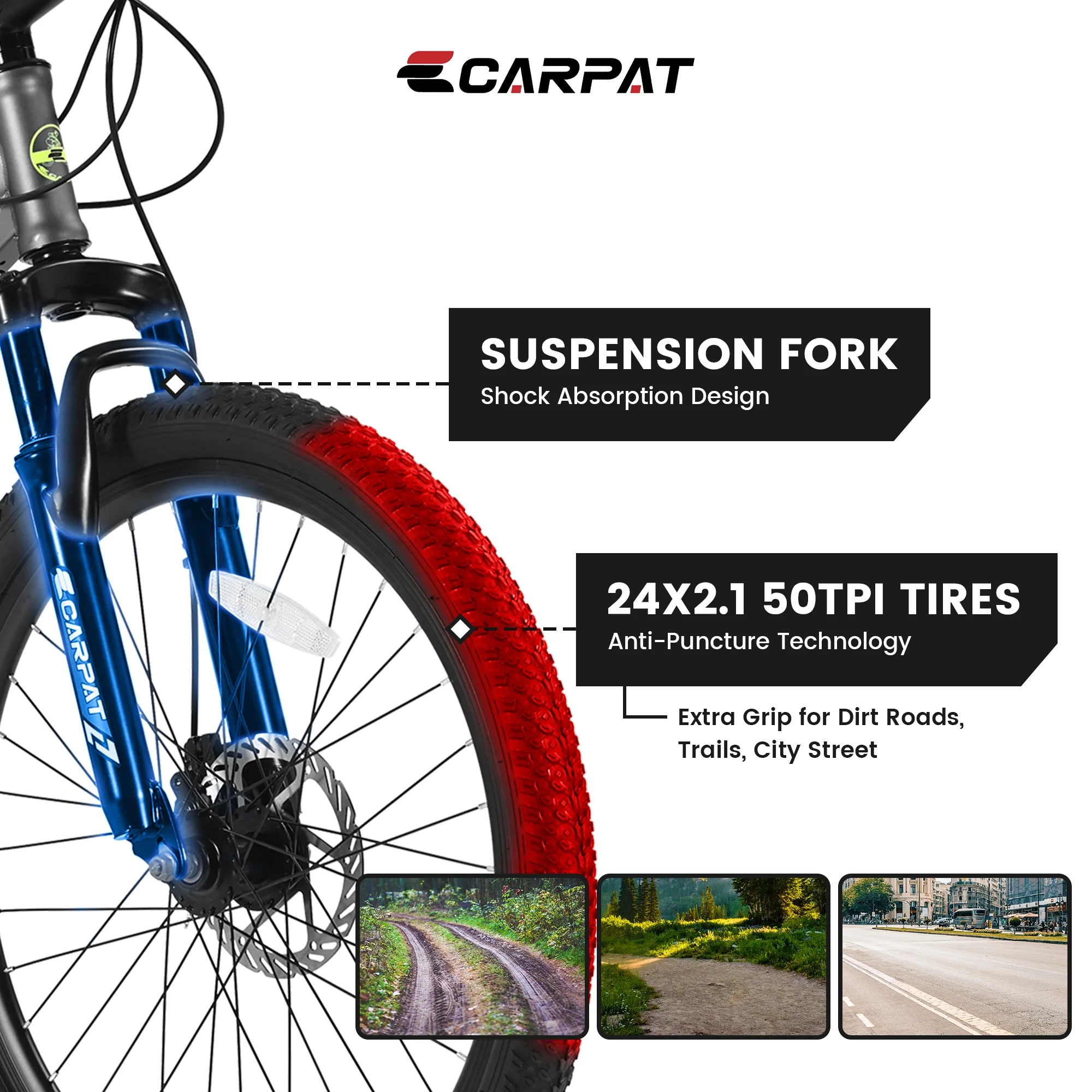 Ecarpat Mountain Bike, 24-Inch Wheels Bikes Shimano 21-Speed with High Carbon Steel Frame Mechanical Disc Brakes Front Suspension Fork for Youth Adults Multiple Colors