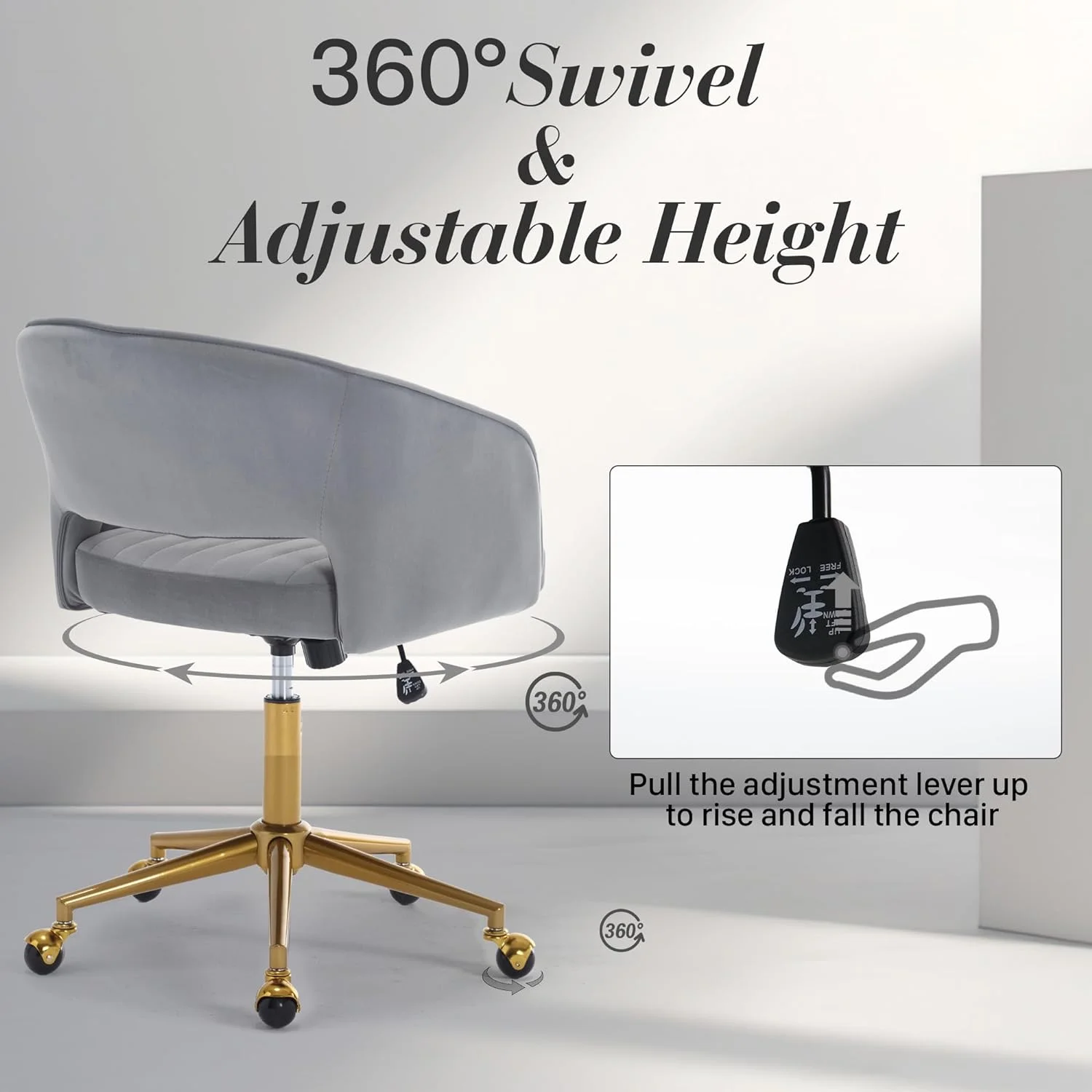 Home Office Swivel Desk Chair, Modern Velvet Vanity Chair, Height Adjustable Armchair with Gold Base, Ergonomic Office Chair for Task Study Computer Room, Beige