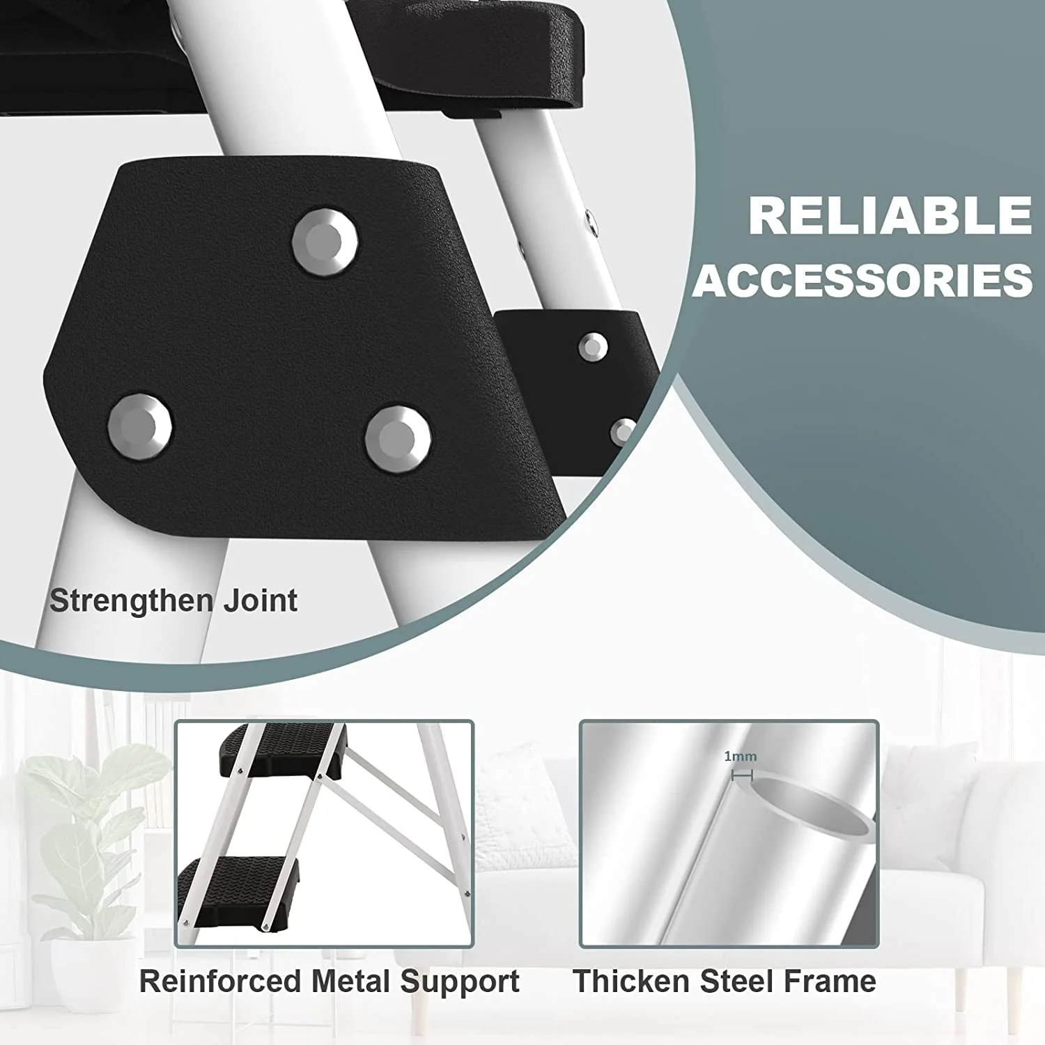 HBTower Folding 5-Step Ladder, 330lbs, with Handrails and Tool Tray and Anti-Slip Pedal, White