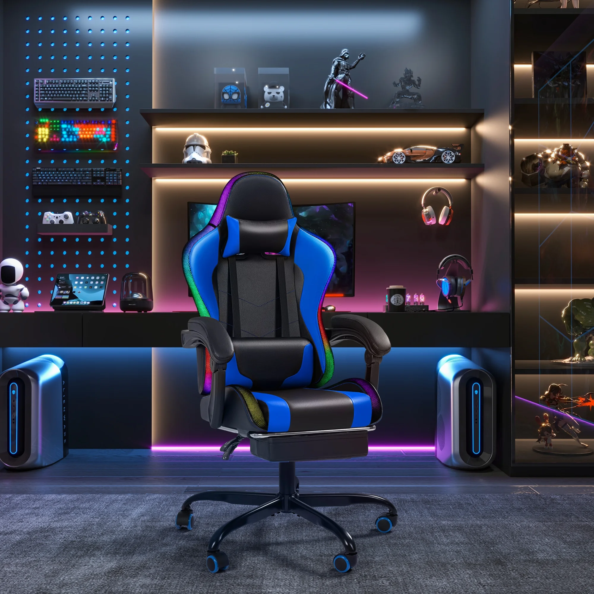 Homall RGB Gaming Chair with Massage and LED Lights Ergonomic Computer Chair with Footrest & Adjustable Lumbar Support, White