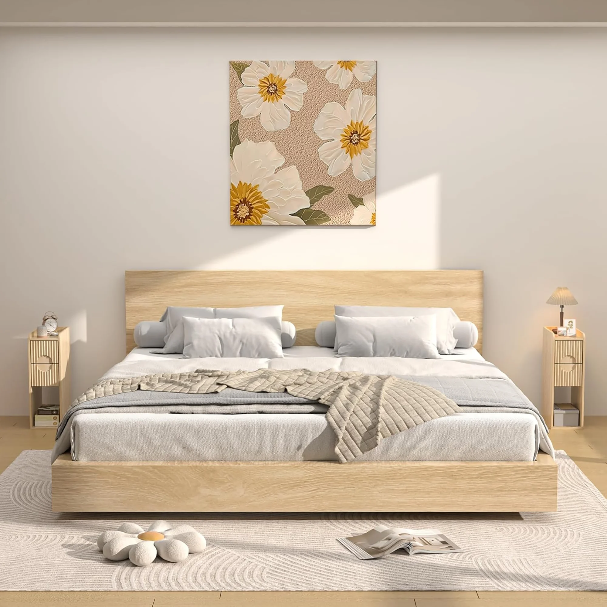 Narrow Nightstand Set of 2 with Drawers, Fluted Slim Side End Table with Storage for Small Spaces