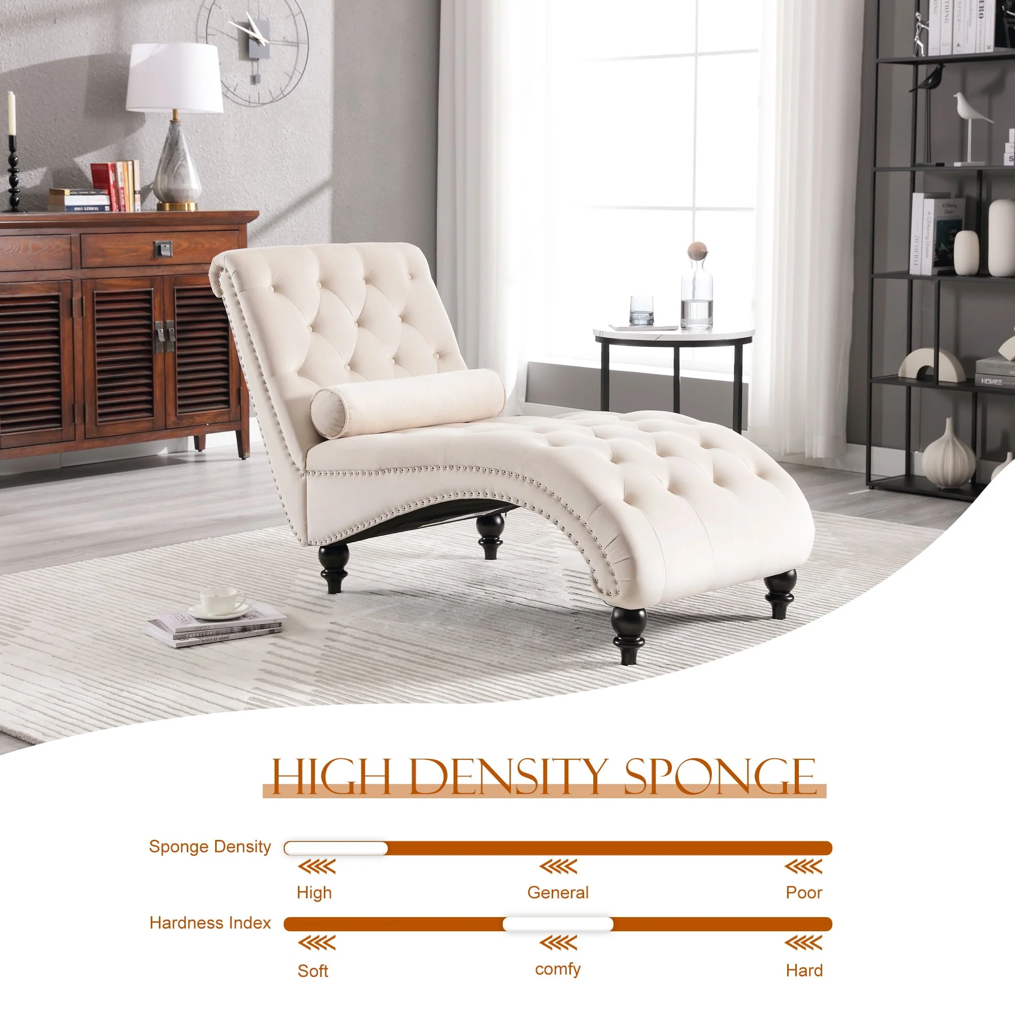 KINFFICT Velvet Chaise Lounge Indoor, Tufted lounge chair with Wood Legs, Leisure Accent Chair Upholstered Lounge Couch for Bedrooom Living Room, Beige