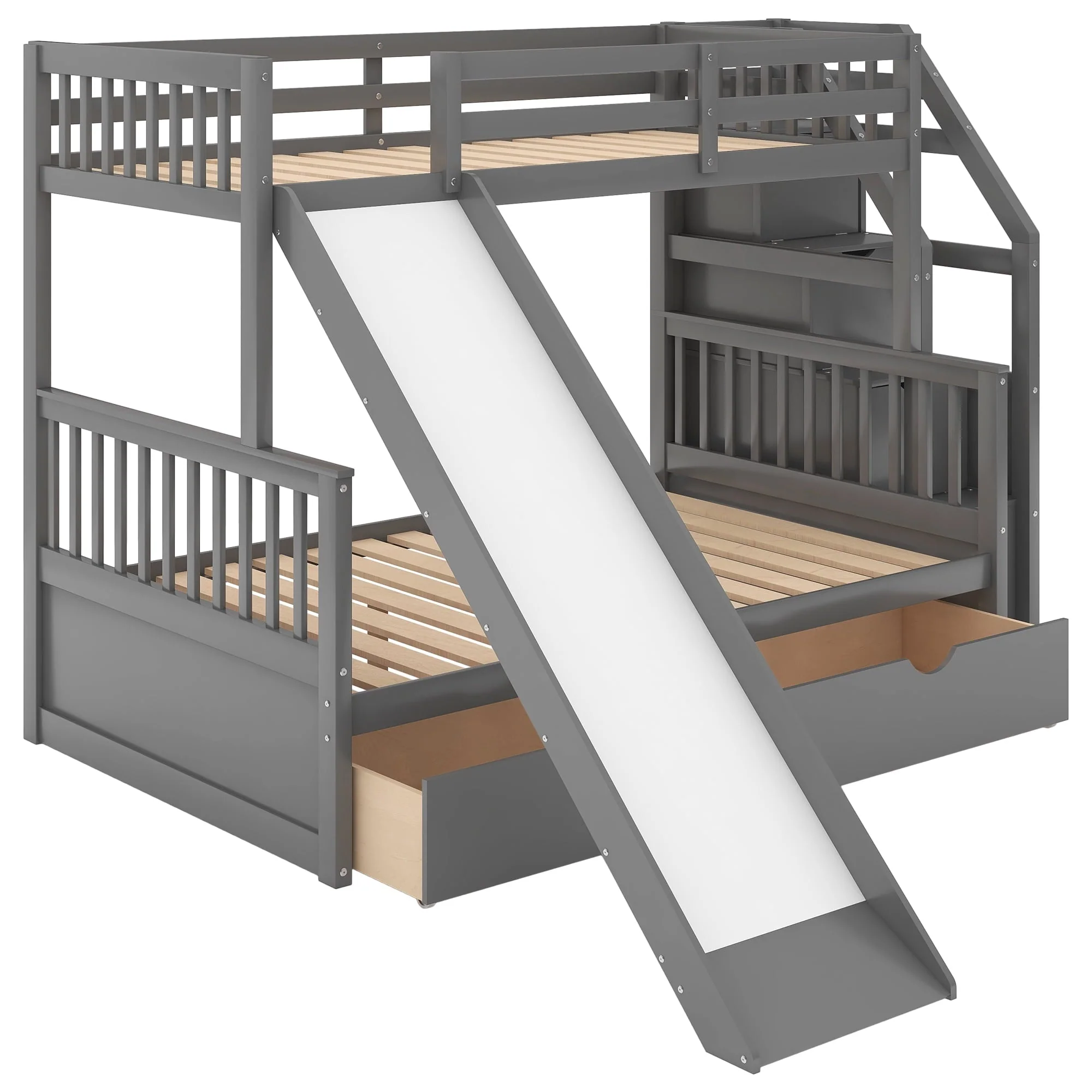 Euroco Wood Twin Over Full Bunk Bed with Drawers and Slide, Gray