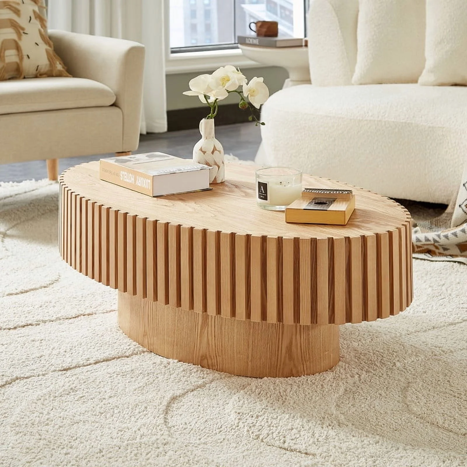FFH 43.7 inch Oval Coffee Table for Living Room,Handcraft Rustic Corner Coffee Table Nature Wood Relief Sturdy Pedestal for Apartmen,Side Table Centre Table,Nature Wood