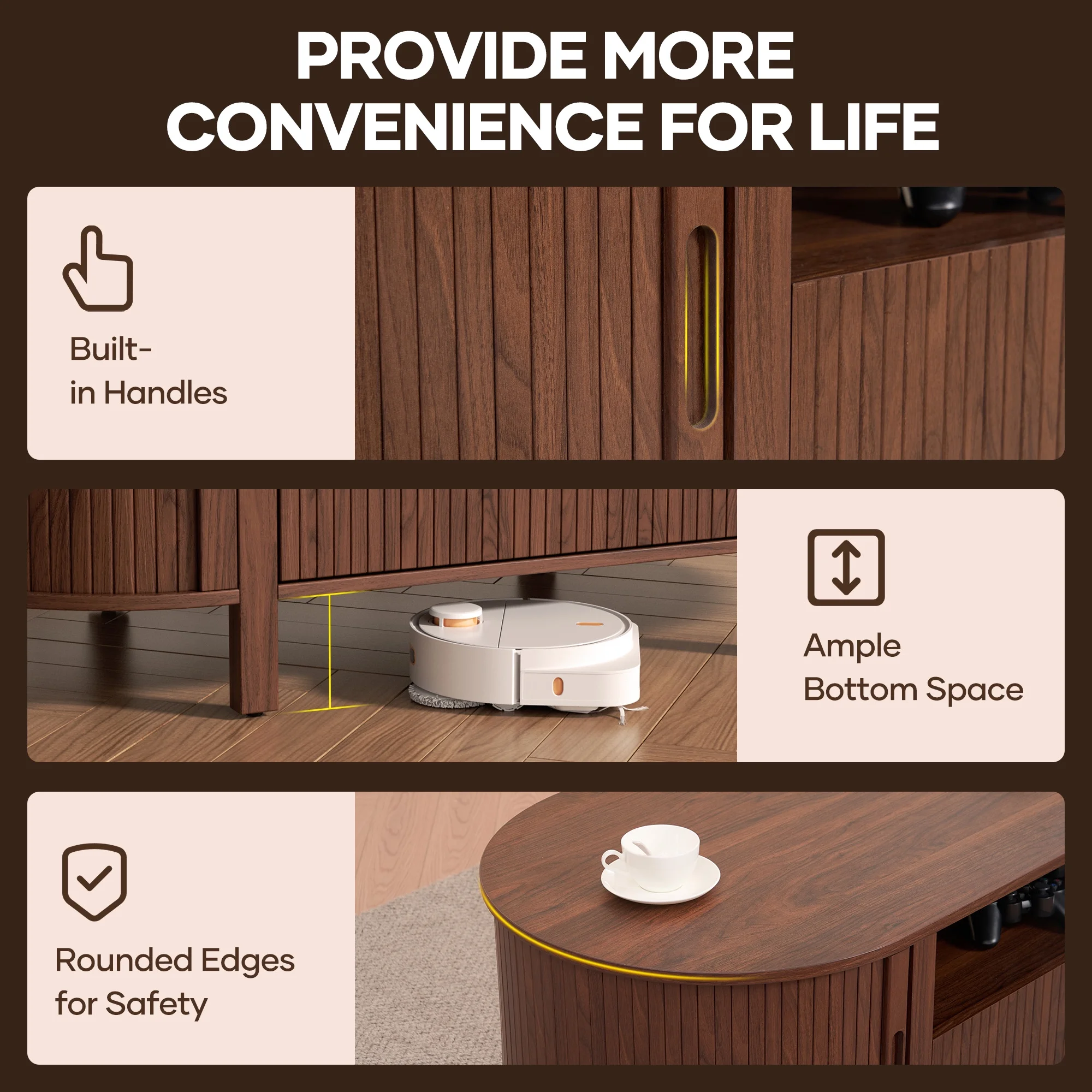 MARNUR Coffee Table with Storage, Tambour Sliding Door, Open Shelf, Mid Century Modern Center Table with Drawer for Living Room, Walnut