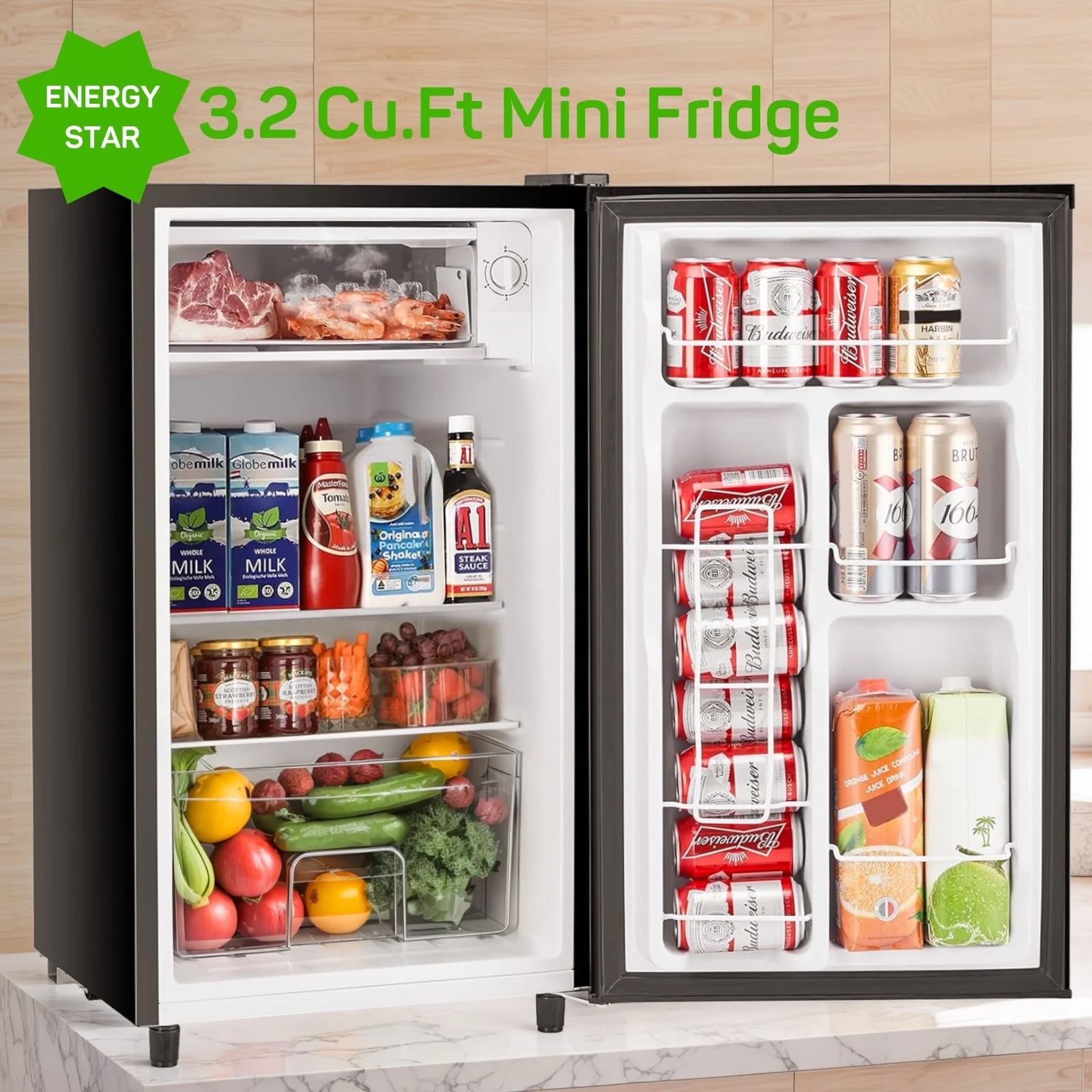 Mini Fridge 3.2 Cu. ft Single Door, 5 Star Energy Efficient, Low Noise, 5 Adjustable Thermostat & Removable Glass Shelves, Silver