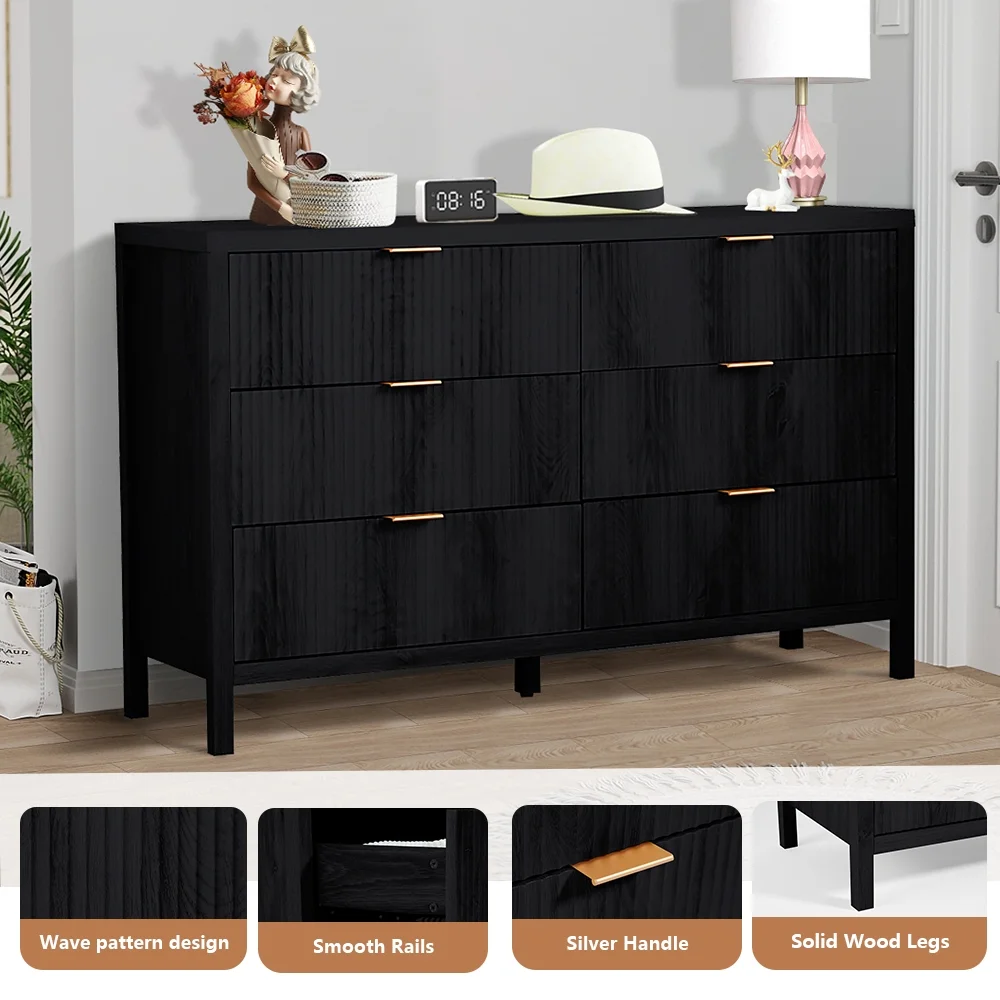 YOCWO Fluted Nightstand for Bedroom Set of 2 , Wood Bedside Table Set of 2 with Drawers, Black