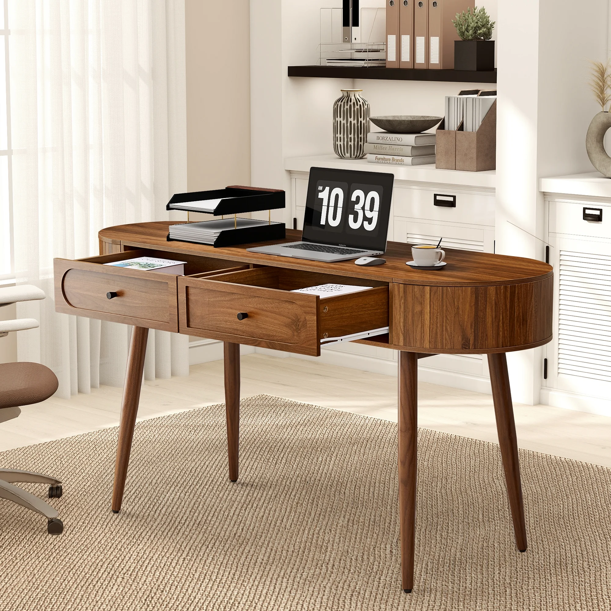 YOCWO Modern Home Office Desk with  2 Drawers and 2 Fflip-top Storage, Oval Computer PC Desk Table, Vanity Desk with Fluted Curved Table Edge, Walnut