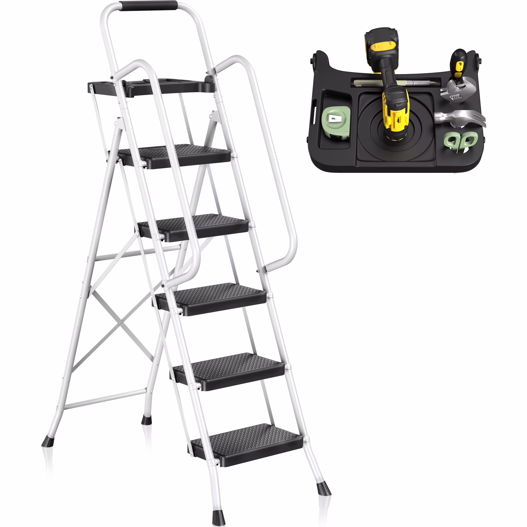 JOZ 5-Step Ladder, 350lbs Portable Folding Ladders for Home, with Handrails and Tool Tray and Anti-Slip Pedal, Black