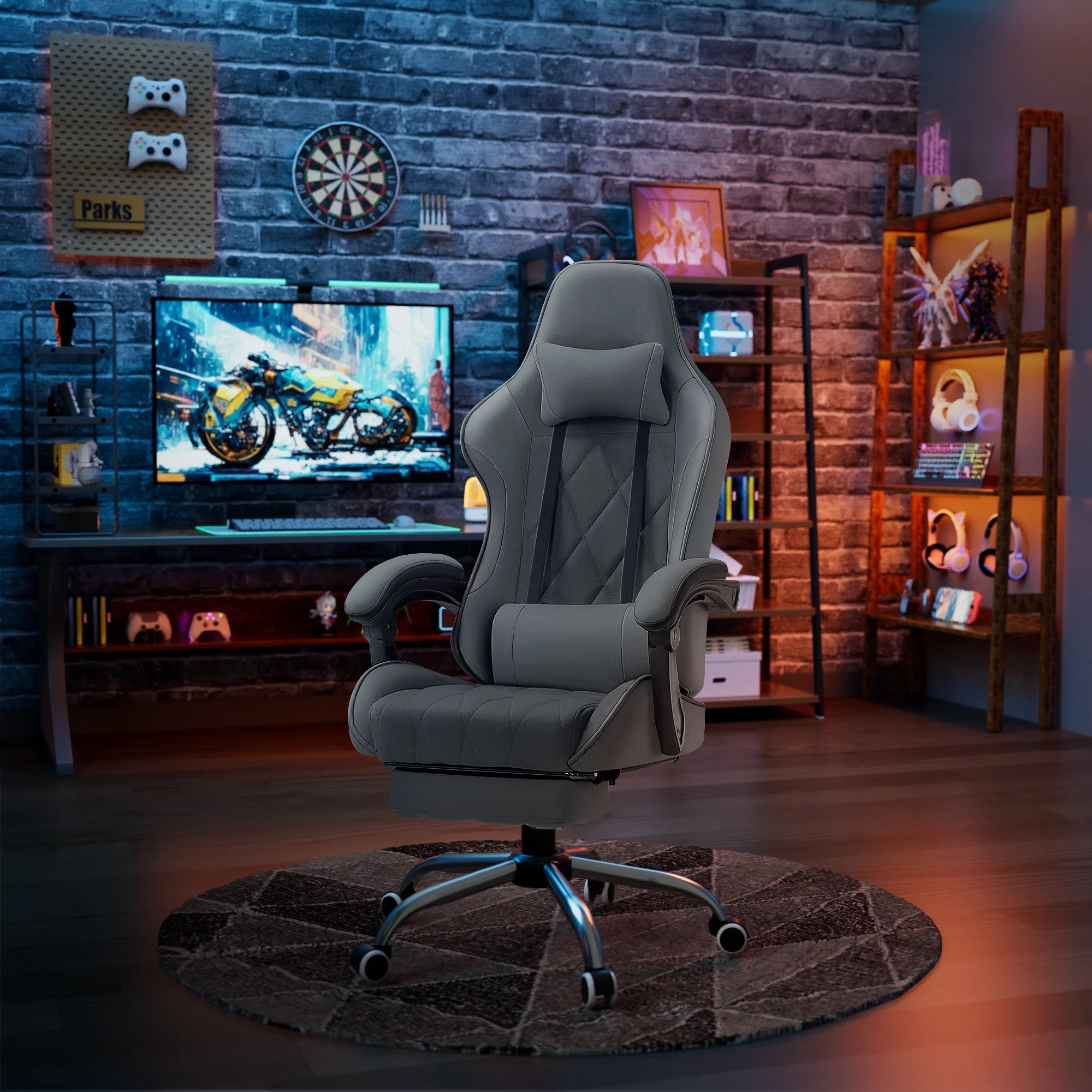 Homall Gaming Chair Fabric Computer Chair Massage Game Chair Cloth Office Chair with Headrest, Lumbar Support & Footrest,Gray
