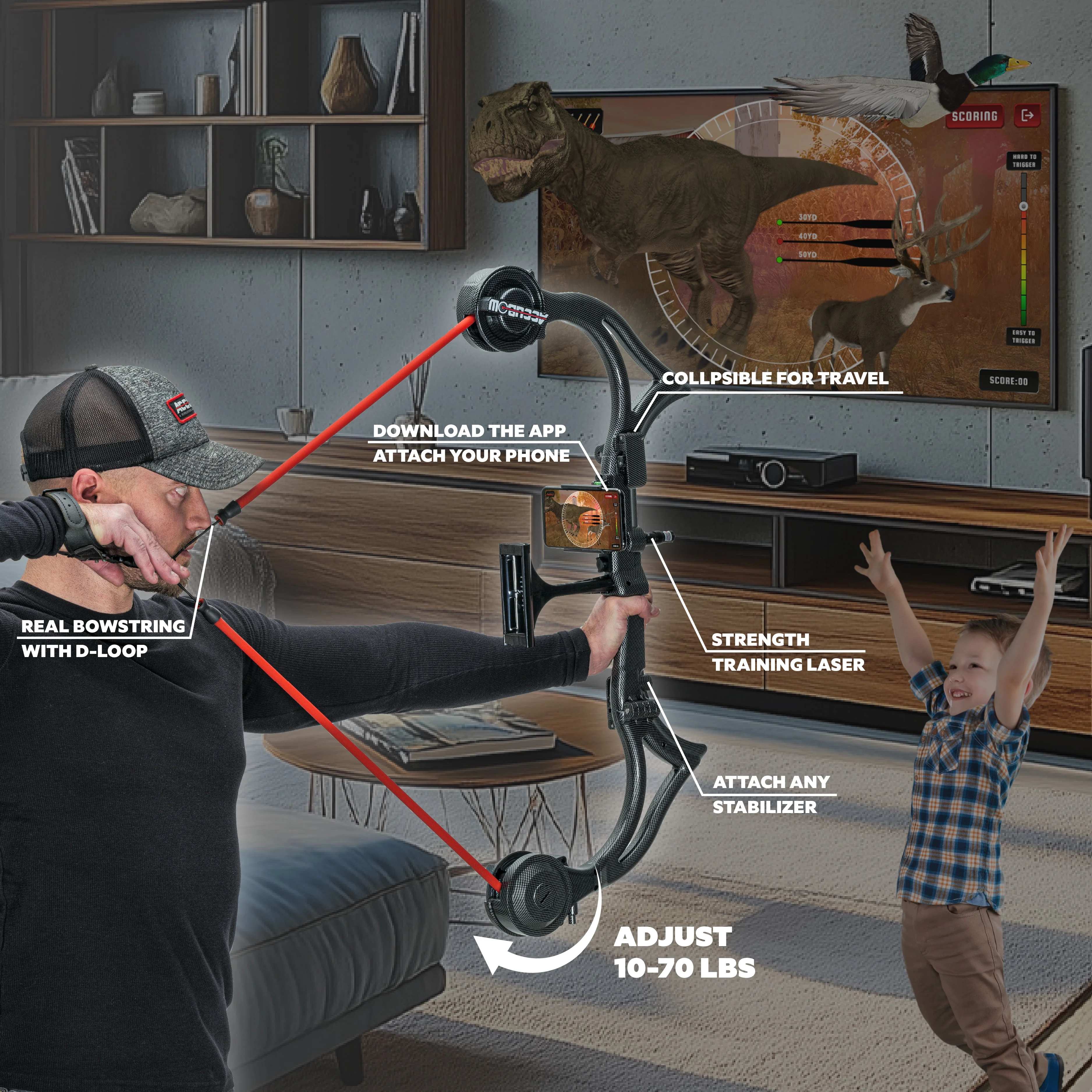 AccuBow 2.0 Carbon Fiber Virtual Archery Gaming & Shooting, 10�C70lbs Adjustable Resistance, Real Bowstring & D-Loop, Phone Mount Included, Ambidextrous, Foldable Design