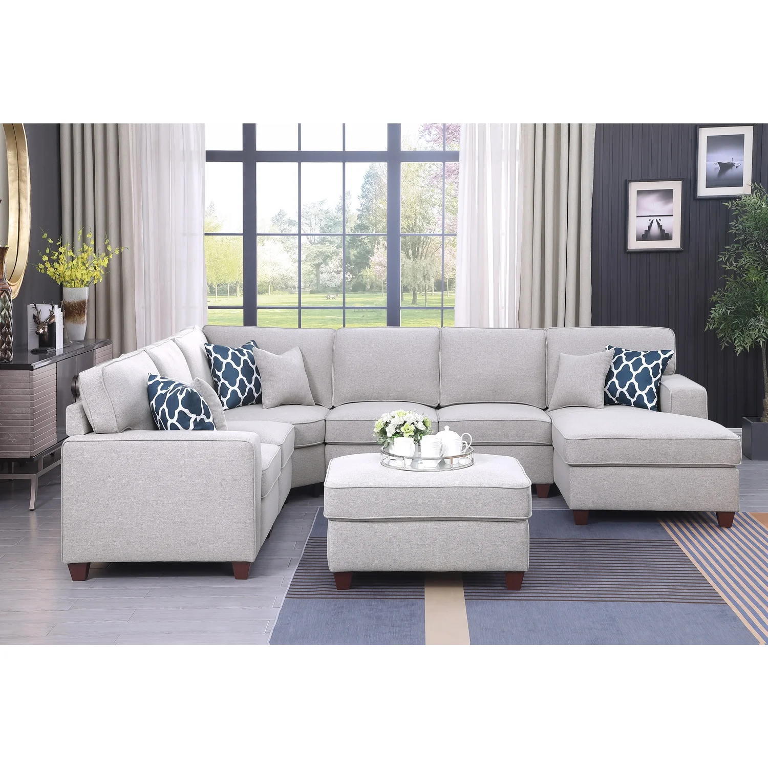 Devion Furniture 7-Piece Upholstered Modern Fabric Sectional in Light Gray